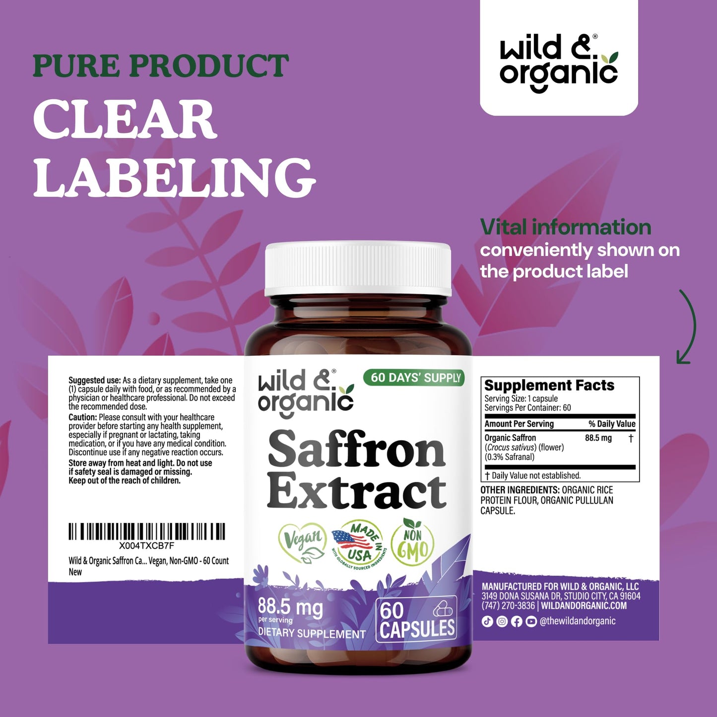 Wild & Organic Saffron 88.5 mg Capsules, 60 Count