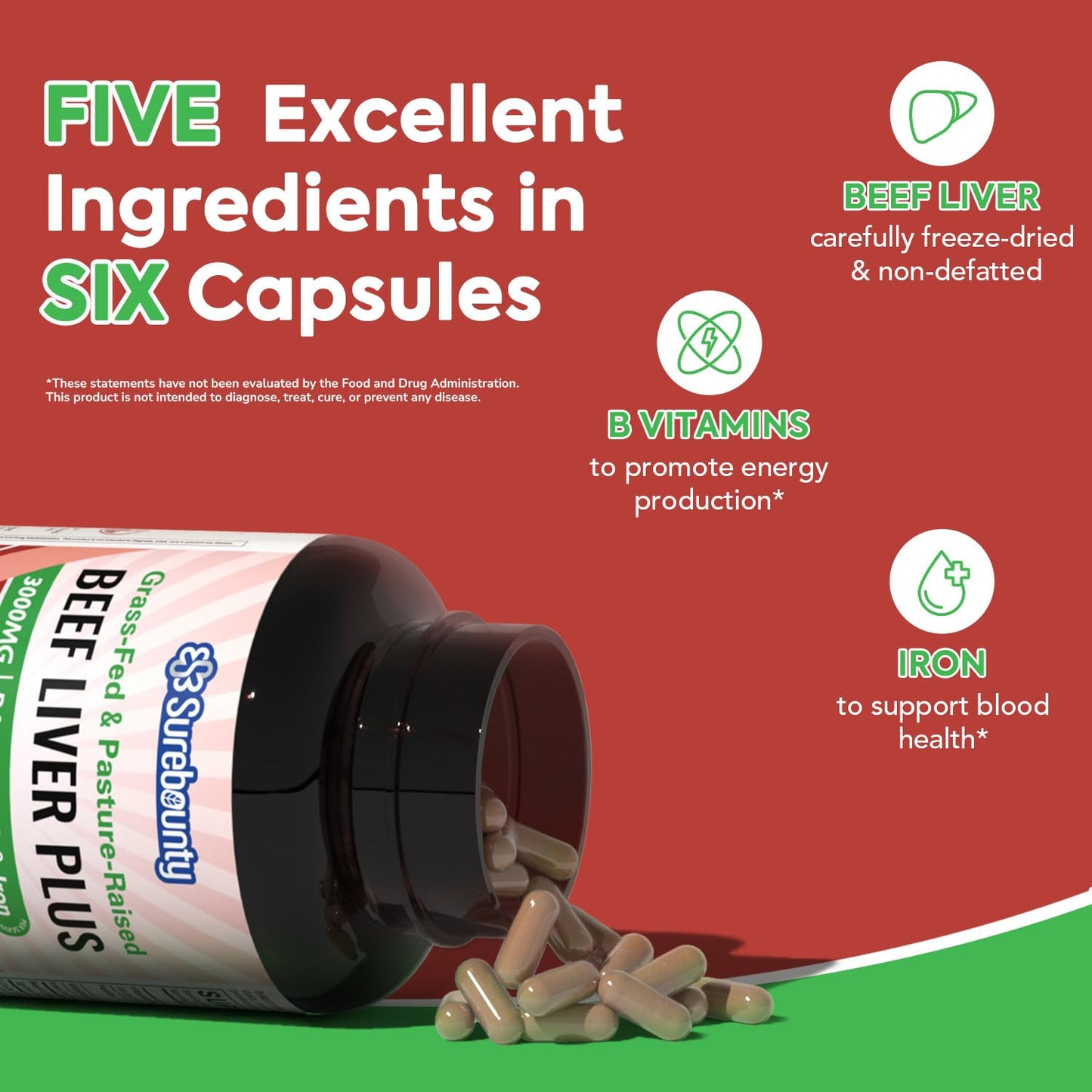 Surebounty Grass-Fed & Pasture-Raised Beef Liver Plus Capsules, 180 Count