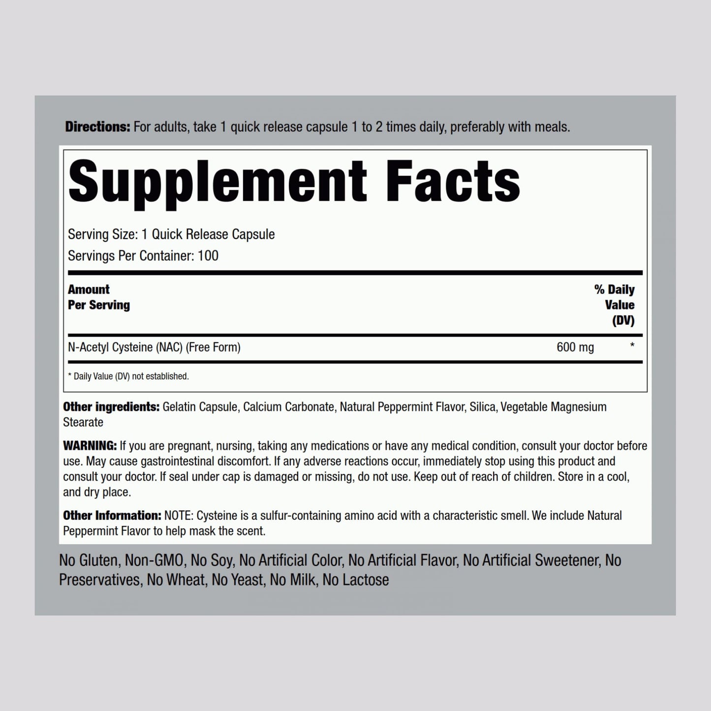 Piping Rock NAC (N-Acetyl Cysteine) 600mg Supplement Capsules, 100 Count