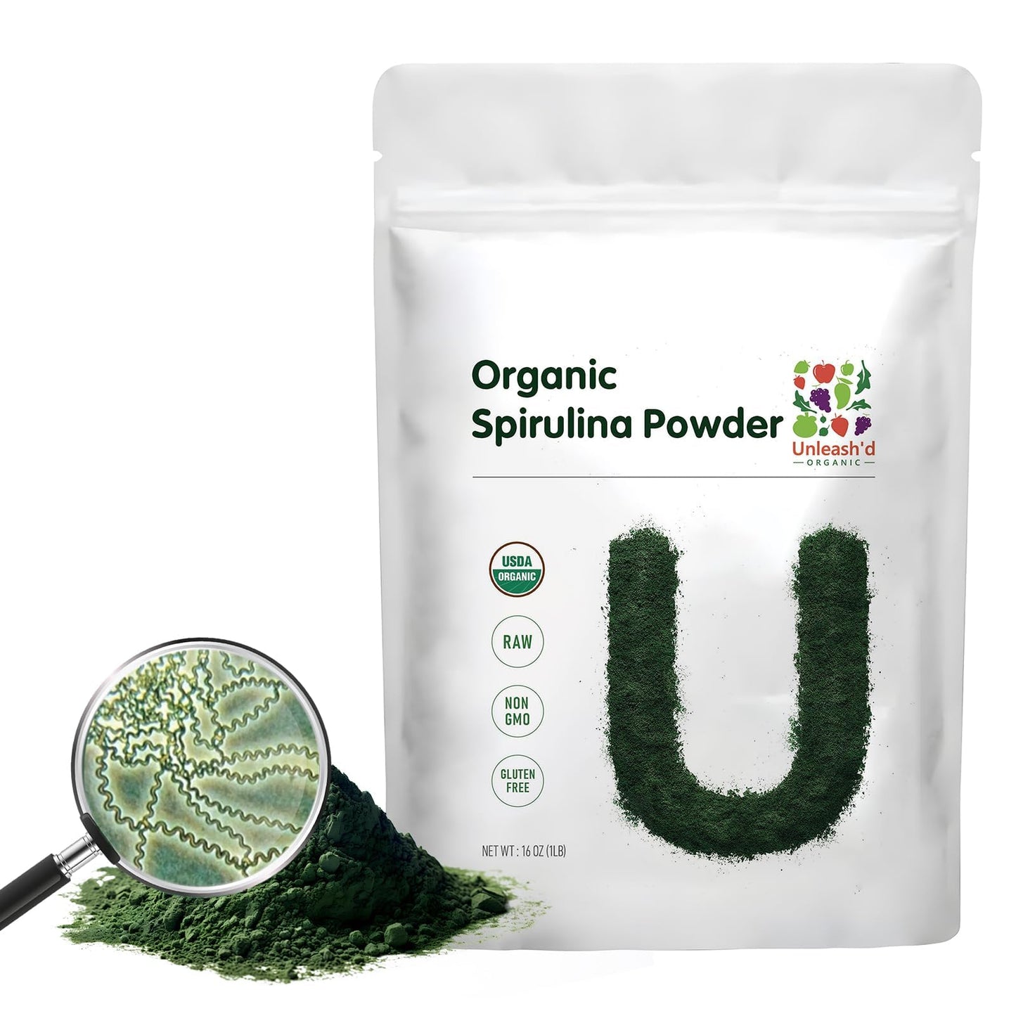 UNLEASH'D ORGANIC Spirulina Powder 16 oz