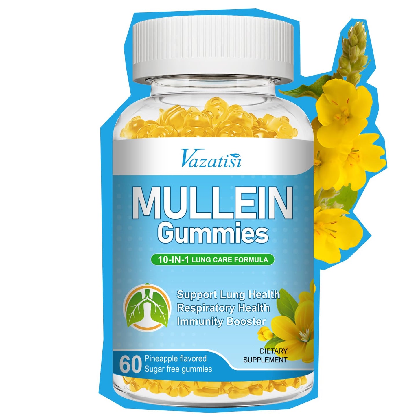 Vazatisi 10 in 1 Mullein Gummies for Lungs, Mullein Leaf Extract with Bromelain, Quercetin, Magnesium - Support Lung Cleanse for Healthy Breathing, 60 Gummies