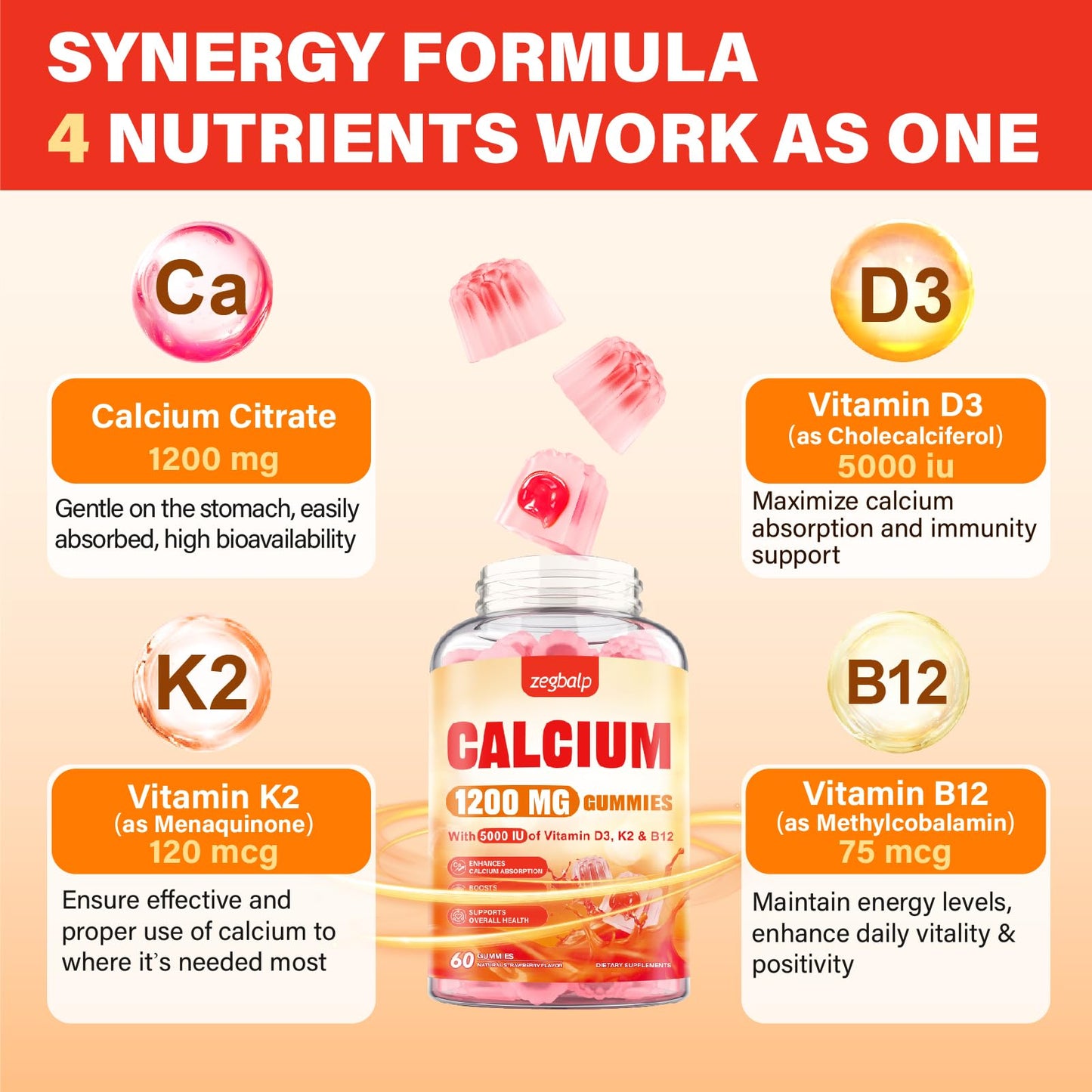 ZEGBALP Calcium 1200 mg with Vitamin D3 Supplement for Adults Gummies, 60 Count