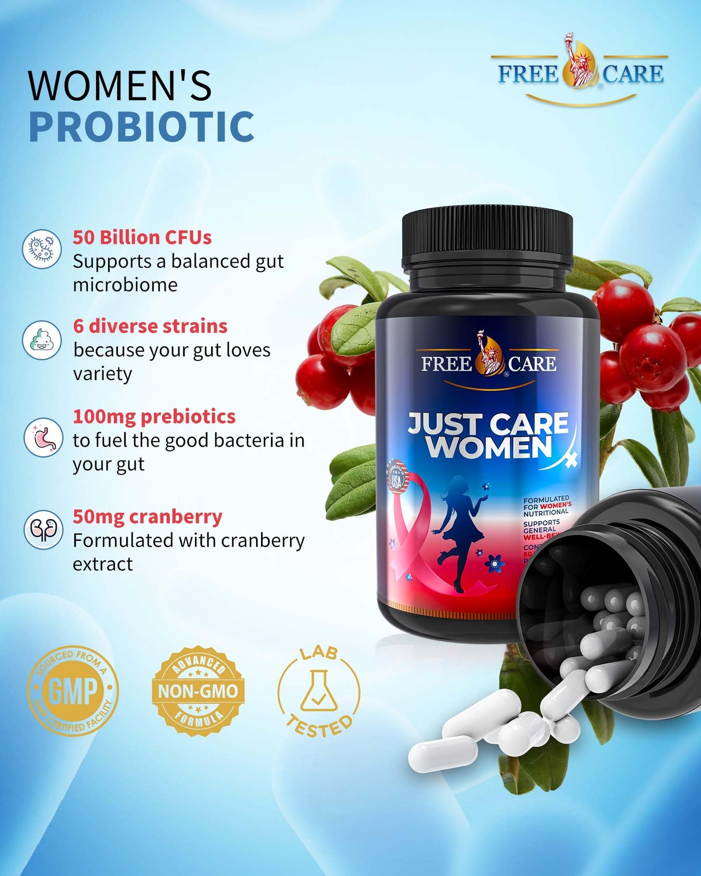 FreeCare Probiotics for Women 50 Billion CFU 8 Strains, 60 Capsules