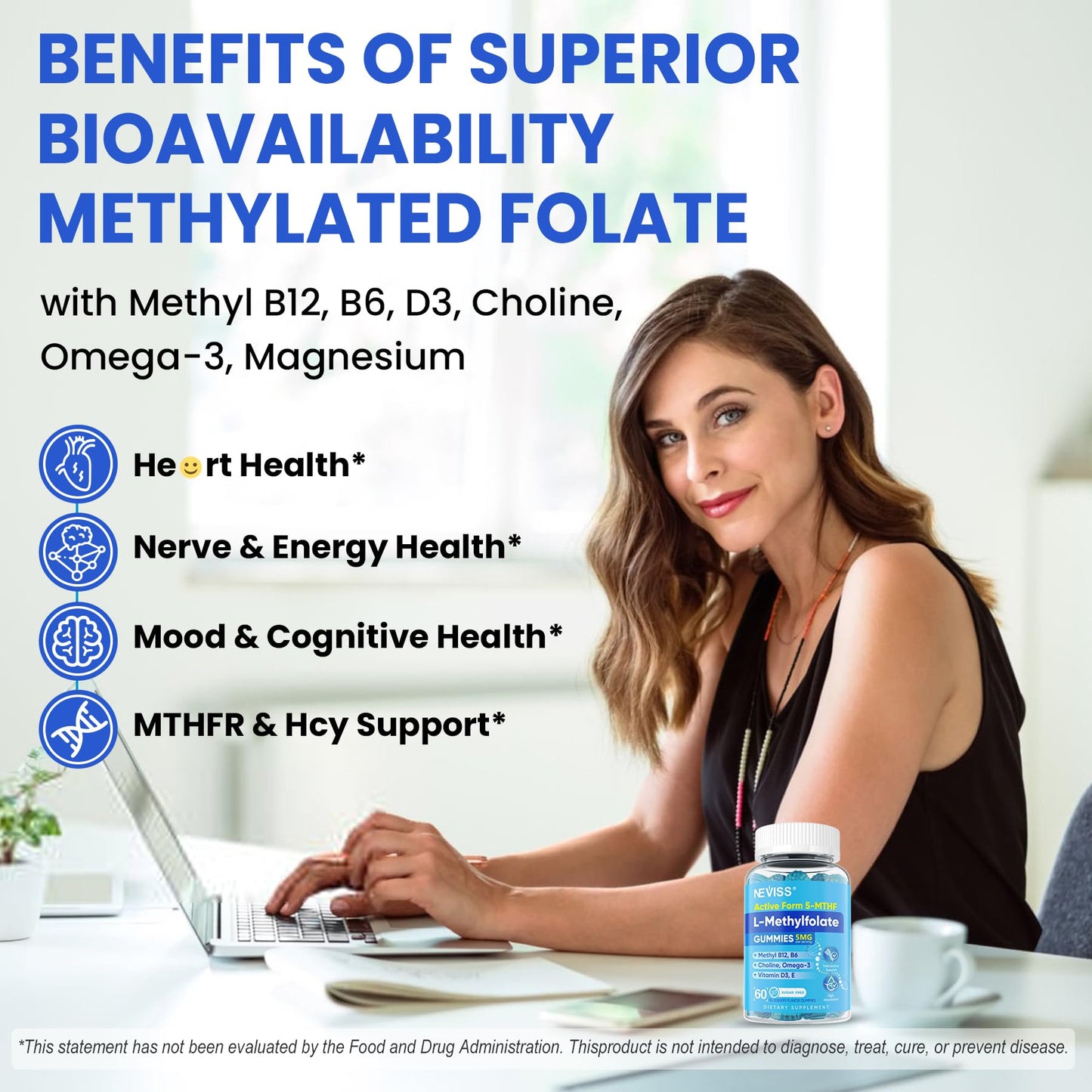 NEVISS L-Methylfolate Gummies with Methyl B12, 5-MTHF Methylated Folate 5mg, Sugar Free, 120 Gummies