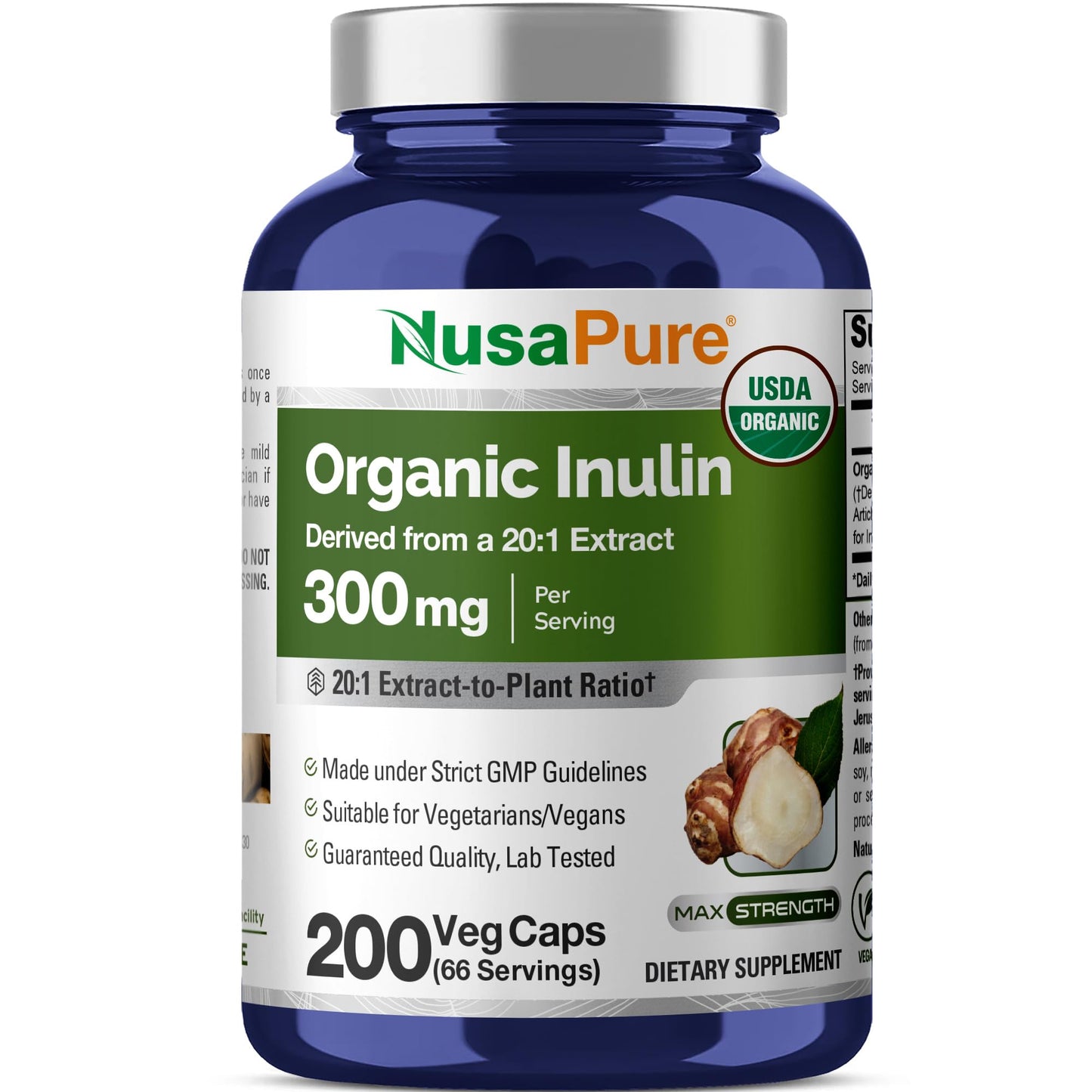 NusaPure Organic Inulin 300mg, Vegan, Non-GMO, Veg Capsules, 200 Count