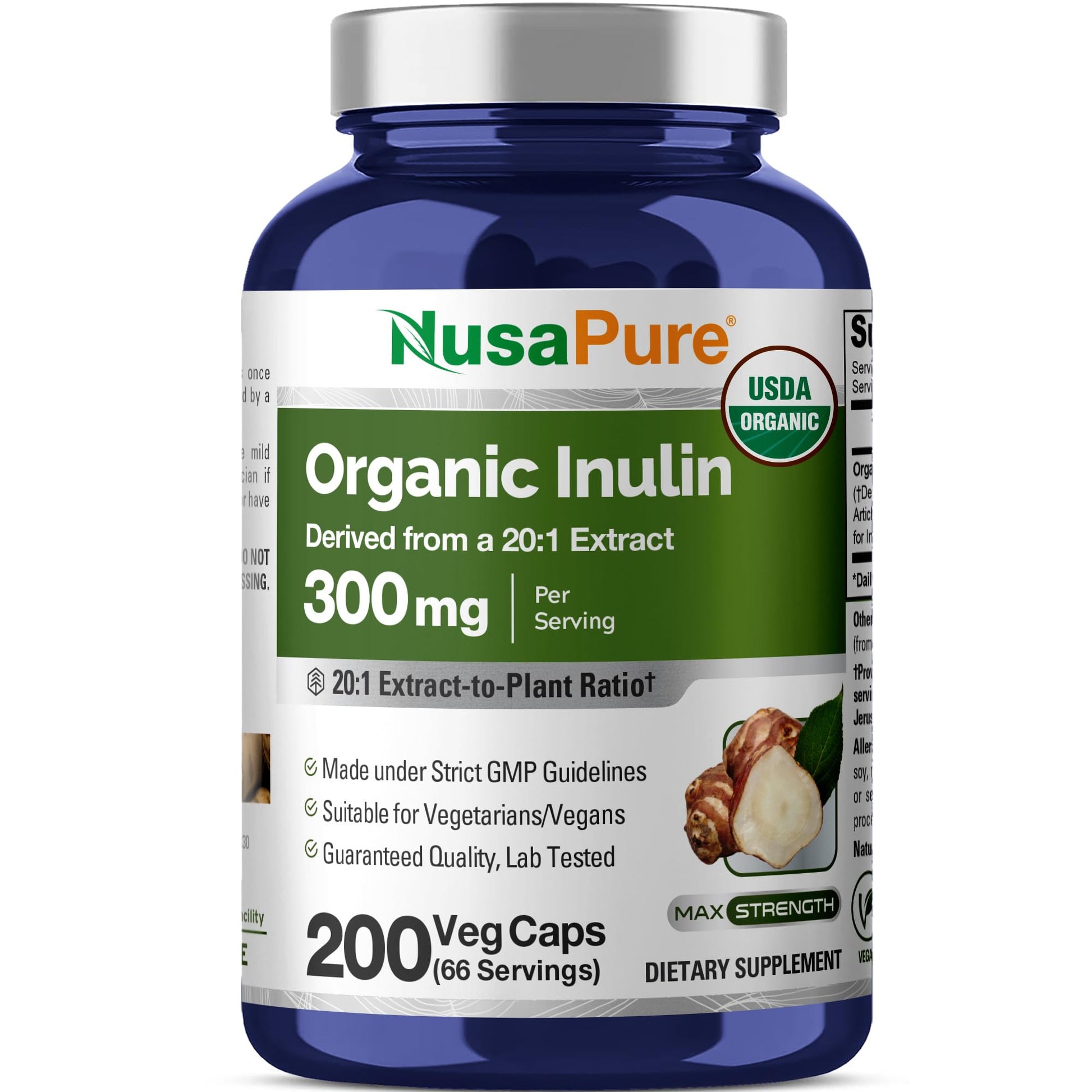 NusaPure Organic Inulin 300mg, Vegan, Non-GMO, Veg Capsules, 200 Count