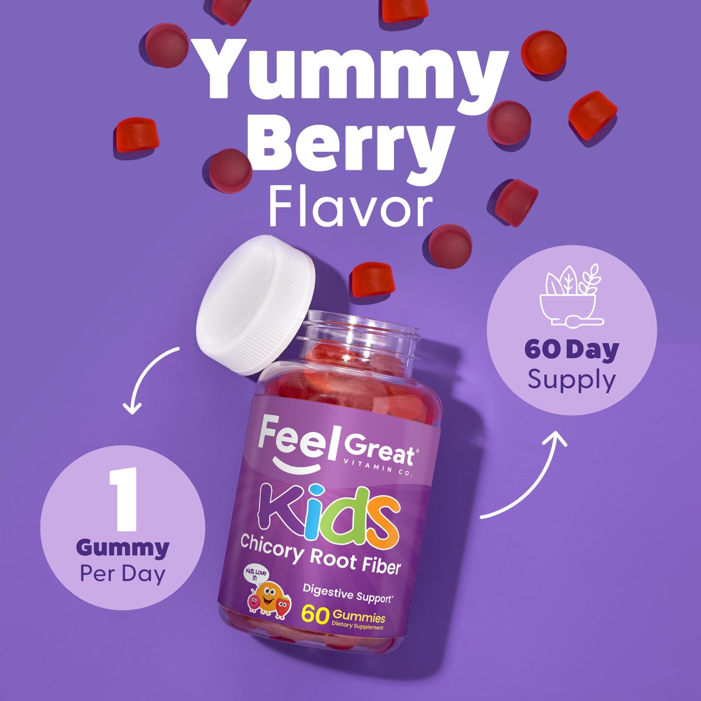 The Feel Great Vitamin Company Fiber Gummies for Kids Digestive Support and Constipation Relief, Fruity Flavored Chewable, Vegetarian Supplements, 60 Count