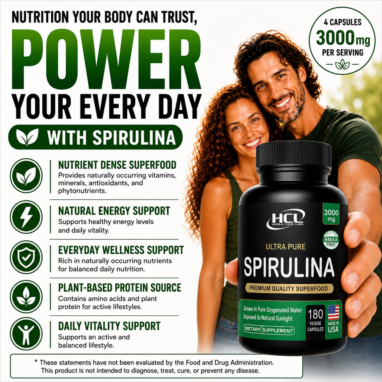 HCL Herbal Code Labs Spirulina Powder 180 Capsules