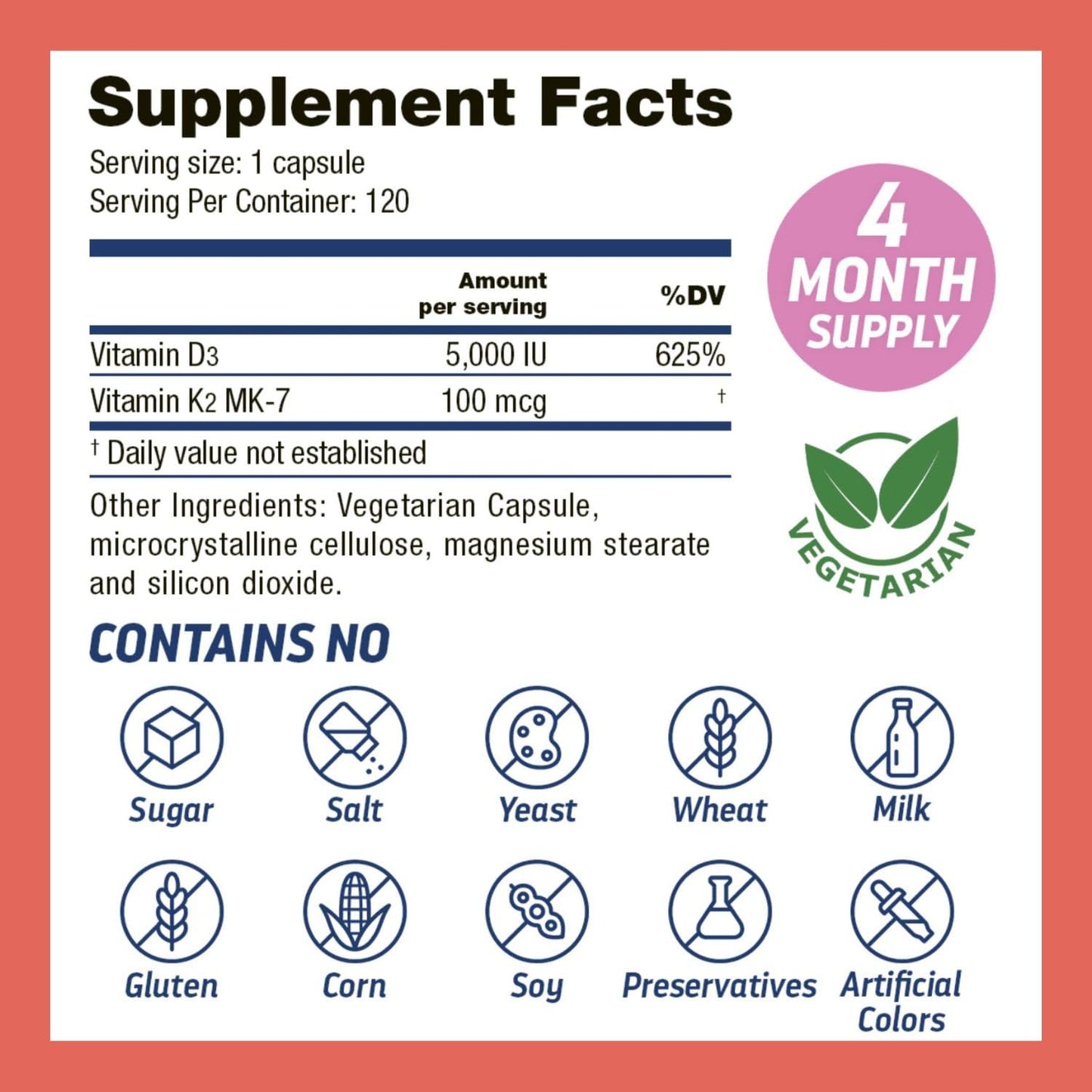 Dr’s Hope Vitamin K2 (MK-7) 100 mcg & Vitamin D3 125 mg (5000 IU) Supplement - Advanced Bone & Immune Support Formula - 120 Capsules