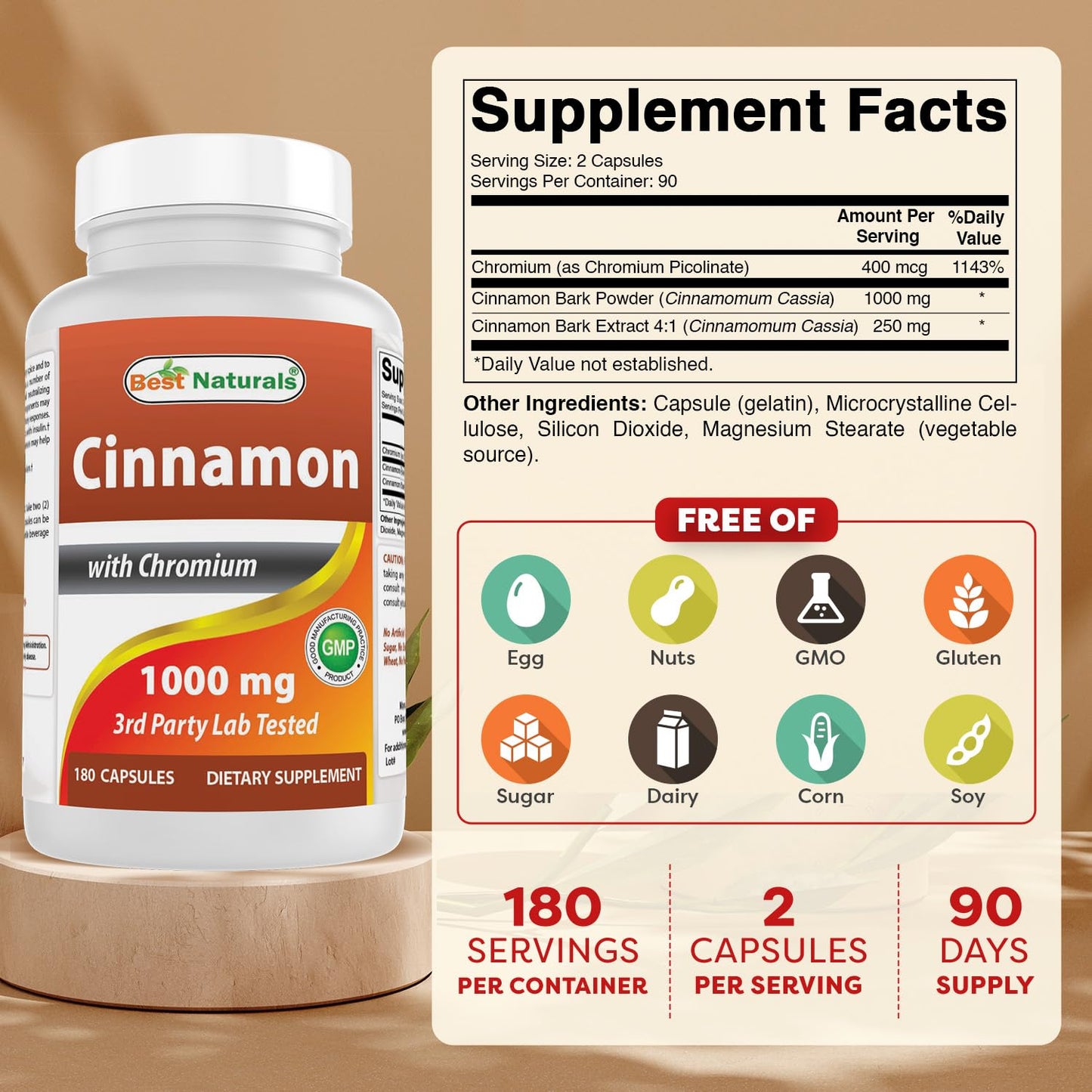 Best Naturals Cinnamon 2000 mg Equivalent with Chromium 400 mcg per Serving - Metabolism Support Capsules 180