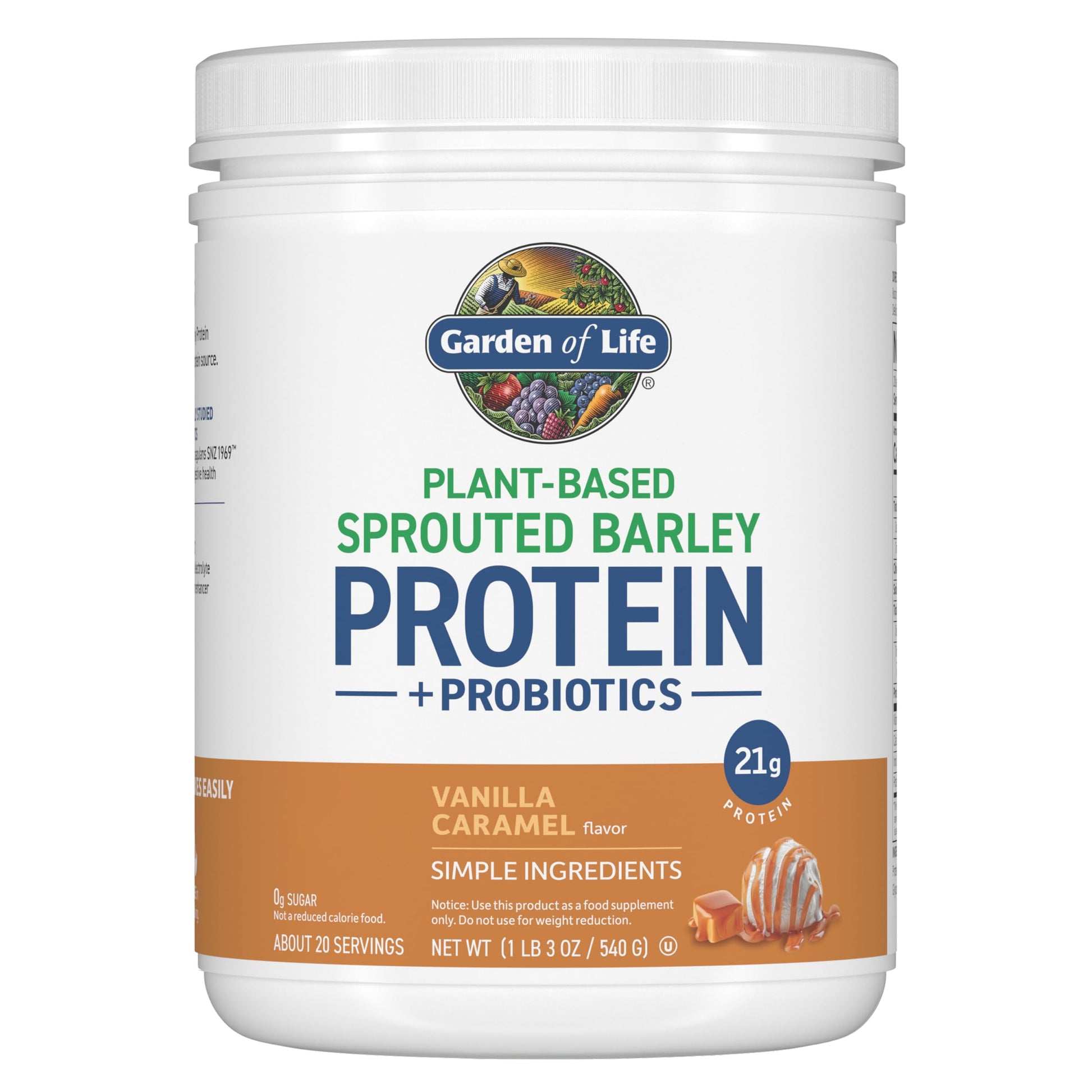Garden of Life Sprouted Barley Protein Powder Vanilla Caramel, 18.48 oz