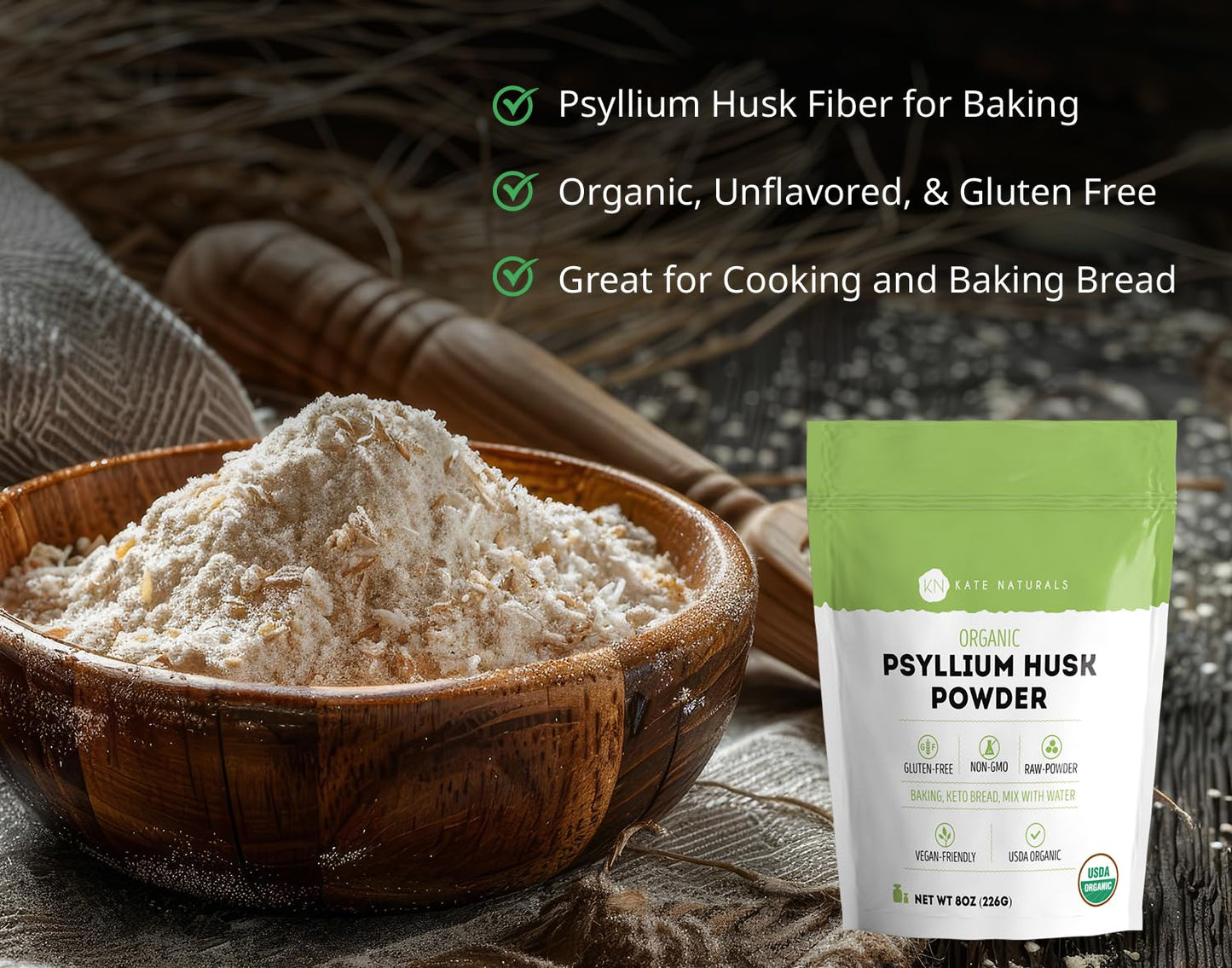 Kate Naturals Psyllium Husk Powder for Fiber and Baking Bread Powder 8 oz