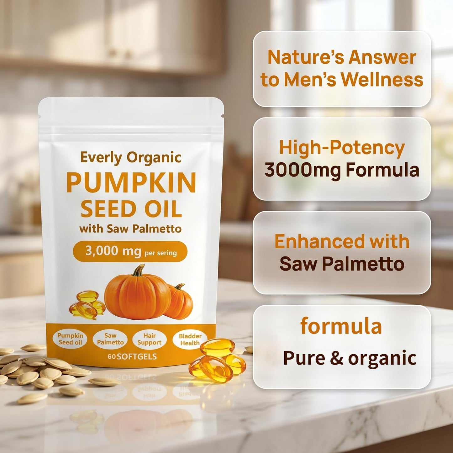 Everly Organic Pumpkin Seed Oil with Saw Palmetto Softgels, 60 Softgels