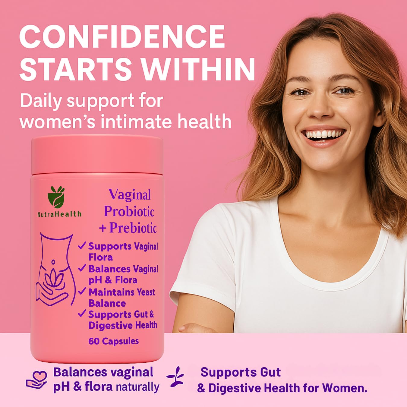NutraHealth Vaginal Probiotic + Prebiotic for Women – Supports pH Balance, Yeast & Odor – with Lactobacillus rhamnosus, reuteri – Gut & Feminine Health, 60 Capsules