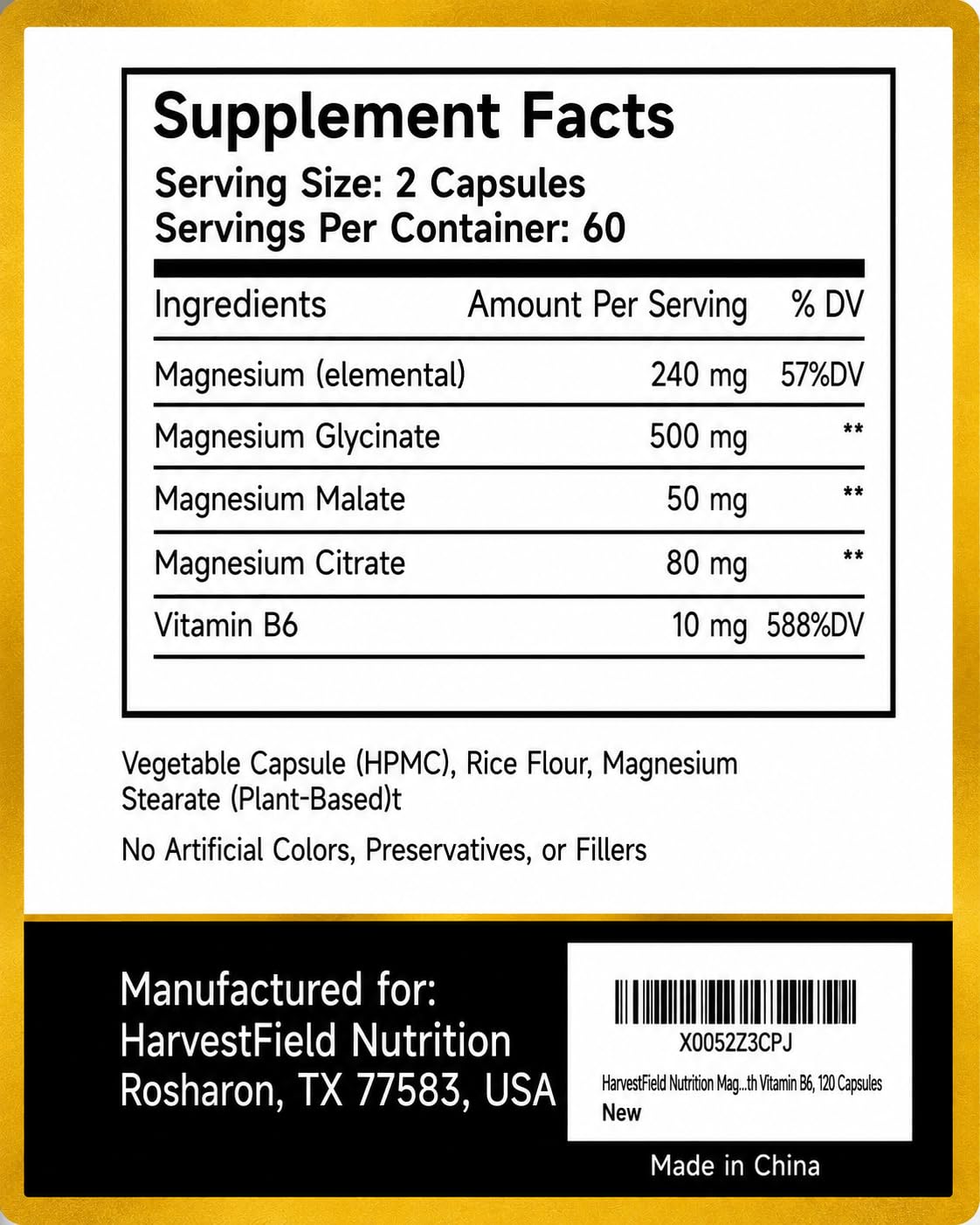 HarvestField Nutrition Magnesium Glycinate Complex Supplement with Vitamin B6, 120 Capsules