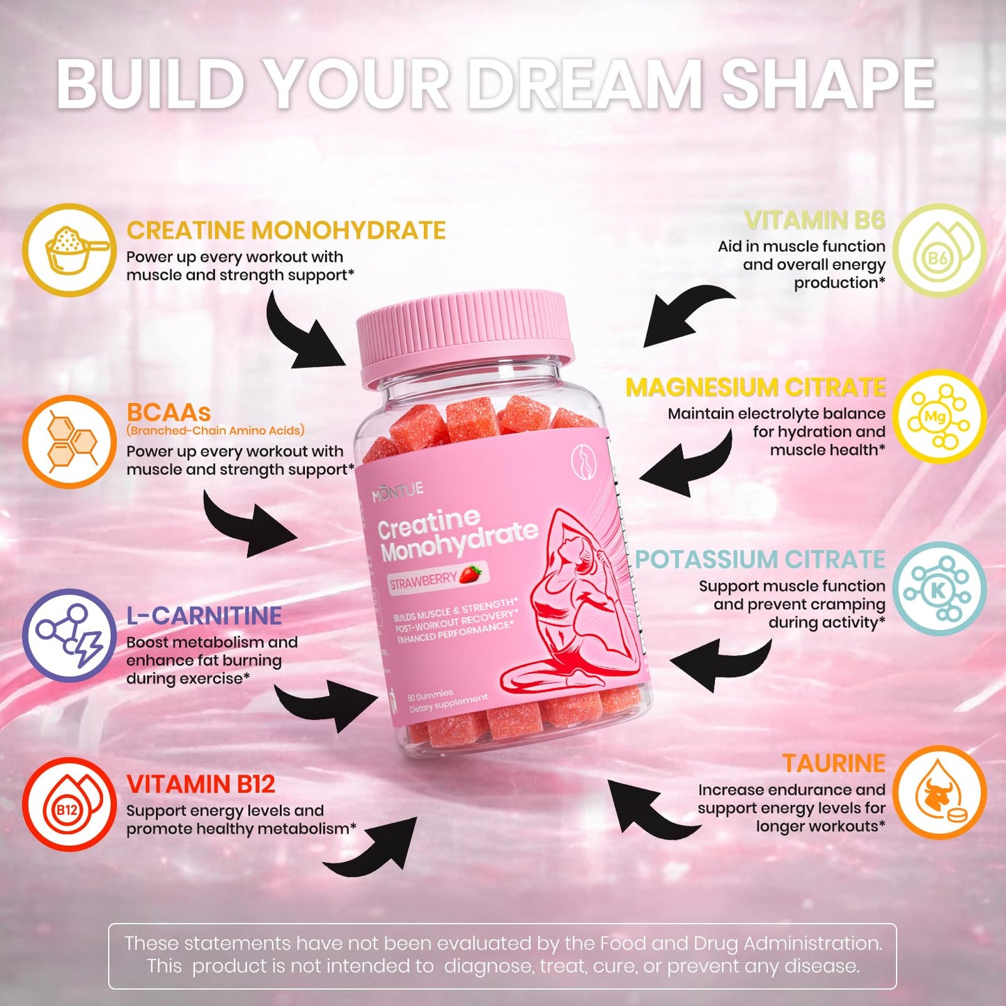 Montue Creatine Gummies for Women, Strawberry Flavor, with BCAA, NSF-Certified, Vegan, 60 Count