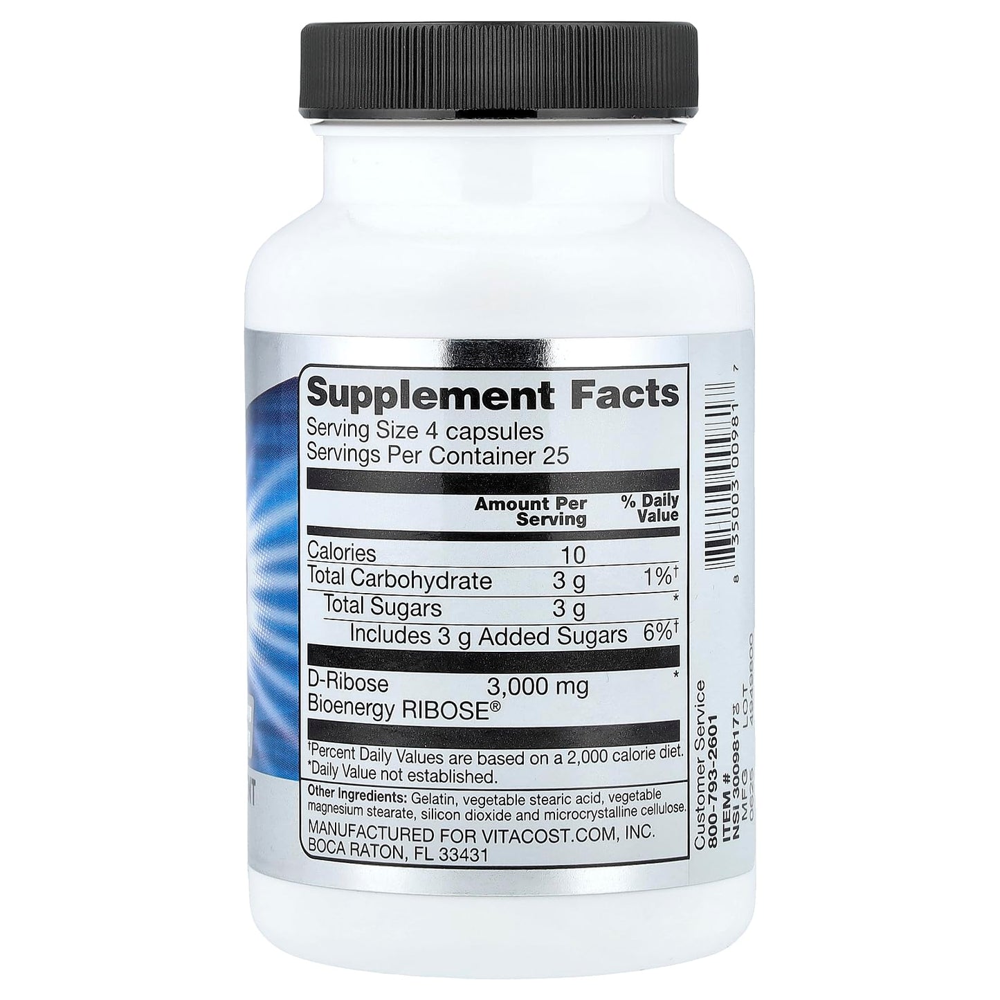 Vitacost D-Ribose Capsules, 100 Count