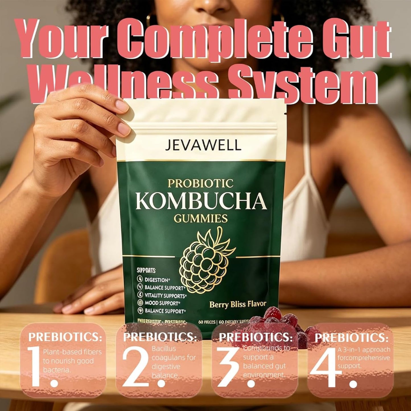 MACELY Jevawell Probiotic Kombucha Gummies, 60 Gummies