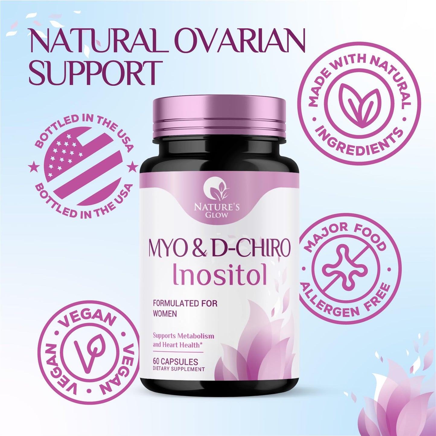 Nature's Glow Myo-Inositol & D-Chiro Inositol 1025mg - 40:1 Ideal Ratio for Ovarian Support, Vegan Myo & D-Chiro Inositol Supplement for Women's Natural Balance and Hormone Support, Vitamin B8, Non-GMO, 60 Capsules