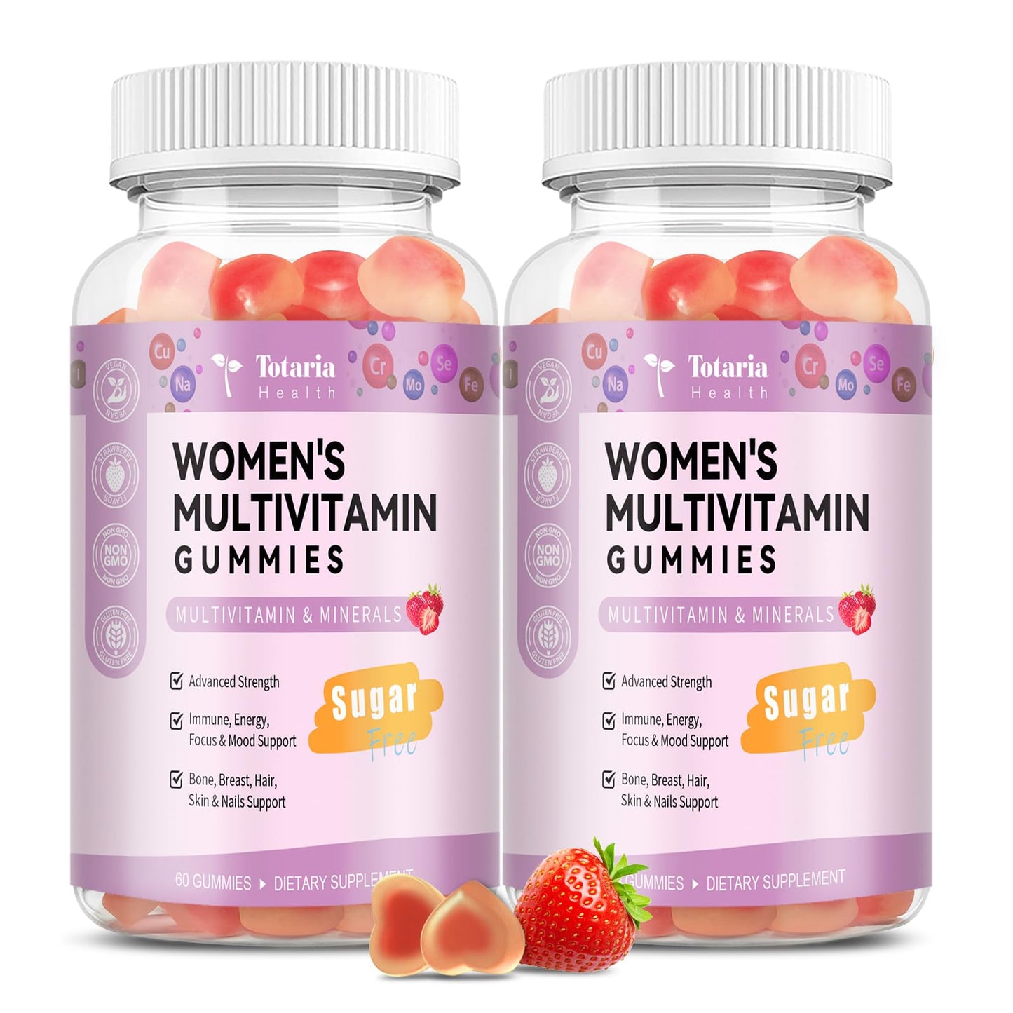 Totaria Sugar Free Multivitamin Gummies for Women 14+ with Inositol, Iron, Folate, Biotin, Vitamins A, D, C, B, Immune Support, Hair & Skin Health, Strawberry Flavor, 120 Gummies