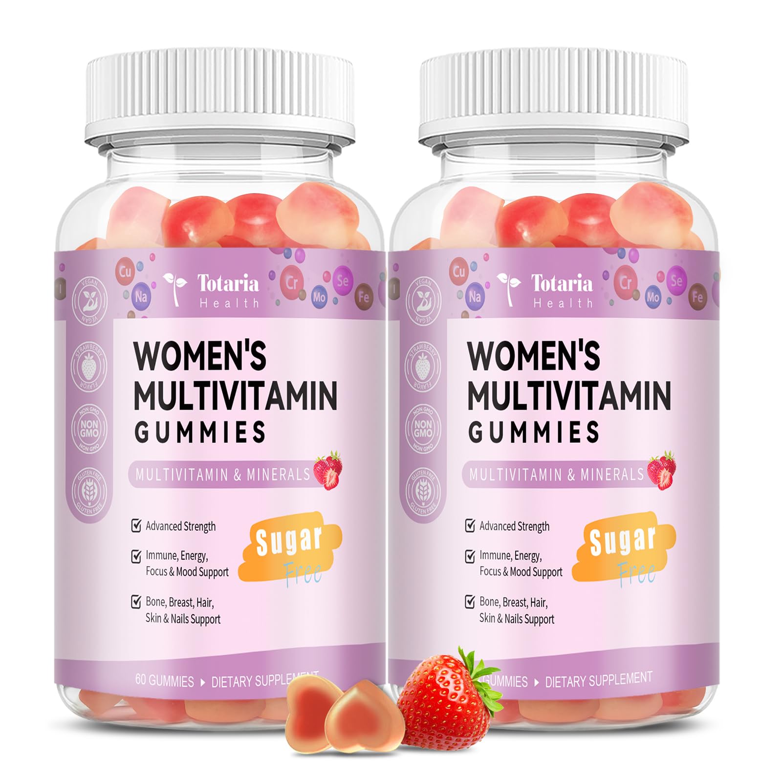 Totaria Sugar Free Multivitamin Gummies for Women 14+ with Inositol, Iron, Folate, Biotin, Vitamins A, D, C, B, Immune Support, Hair & Skin Health, Strawberry Flavor, 120 Gummies
