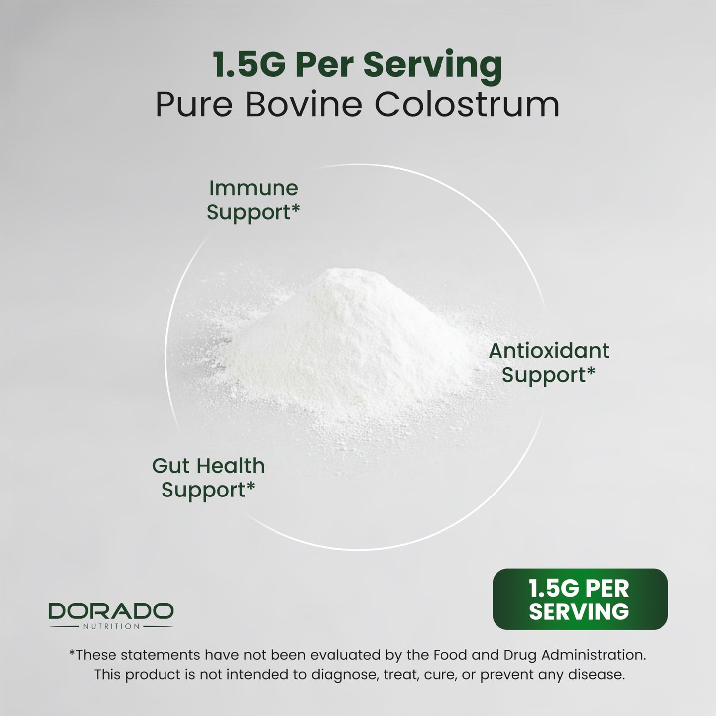 DORADO NUTRITION Colostrum Supplement Powder 3.17 oz, 60 Servings of 1.5 g Pure Bovine Colostrum 20% IgG, Grass Fed, No Fillers, Third Party Tested, Unflavored, Non-GMO