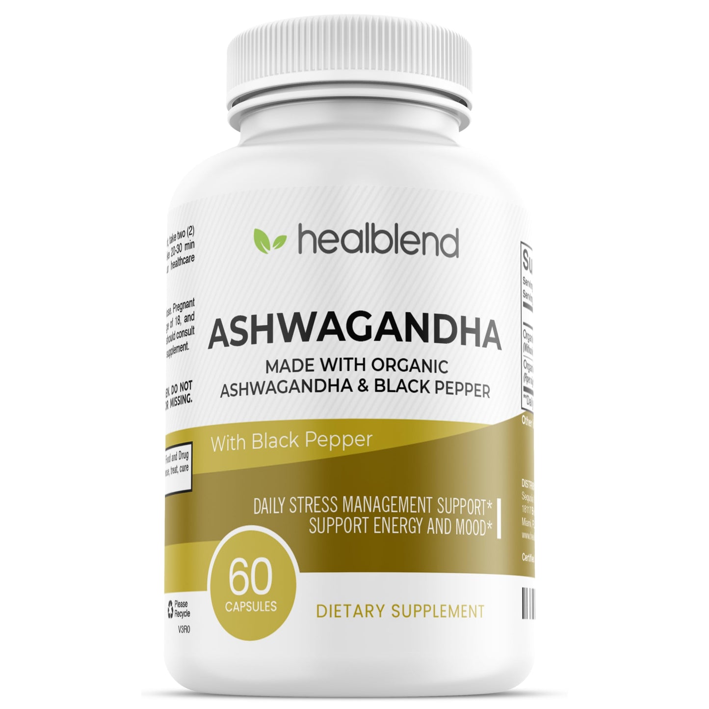 healblend Organic Ashwagandha 1300mg with Black Pepper Extract Capsules, 60 Count