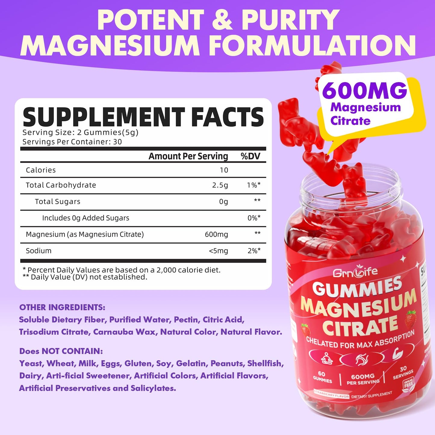 GrnLife Magnesium Citrate 600mg Gummies 60 Count