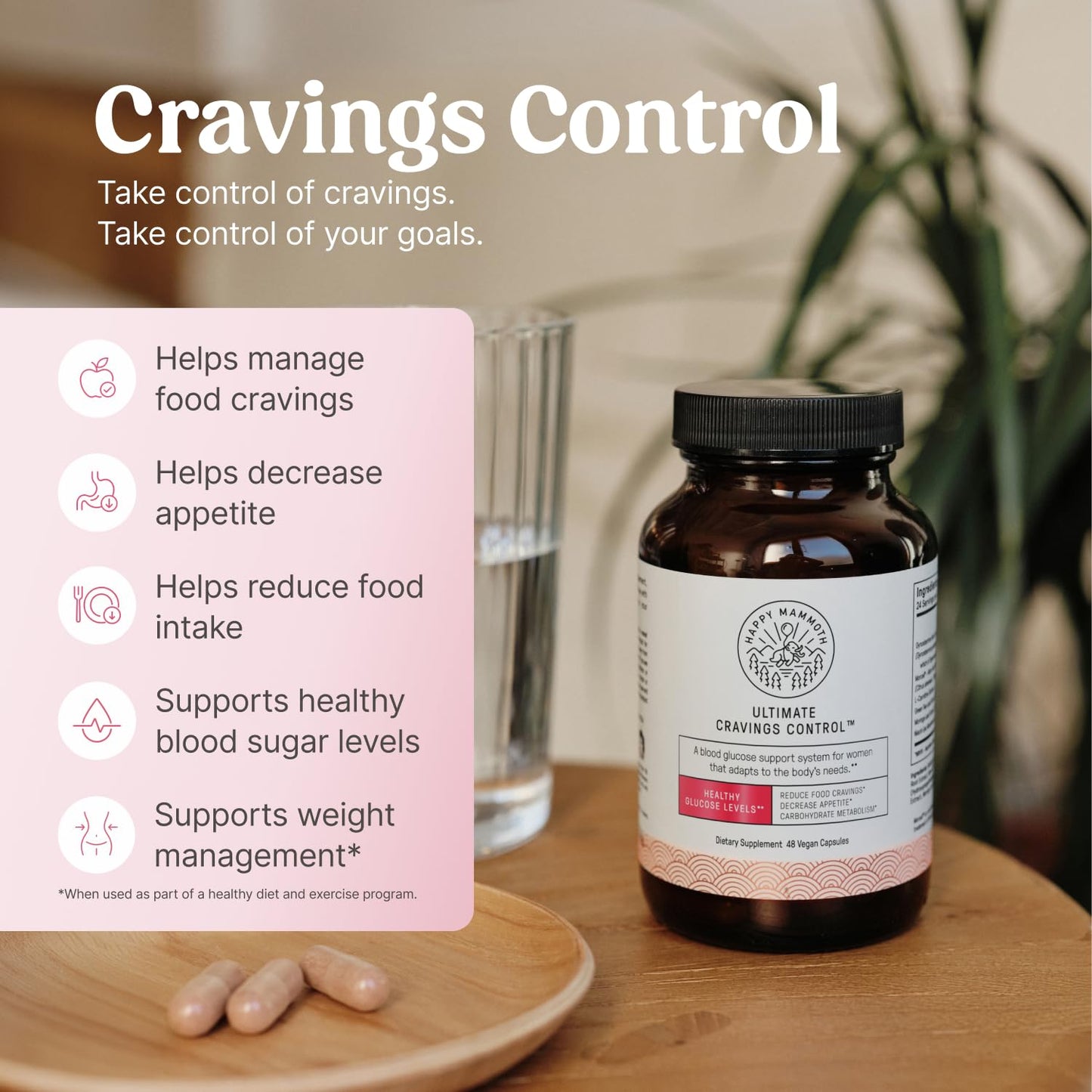 Happy Mammoth Ultimate Cravings Control – Sugar & Carb Cravings Support, Chromium, Natural Appetite Management & Metabolism Supplement for Adults, 48 Capsules