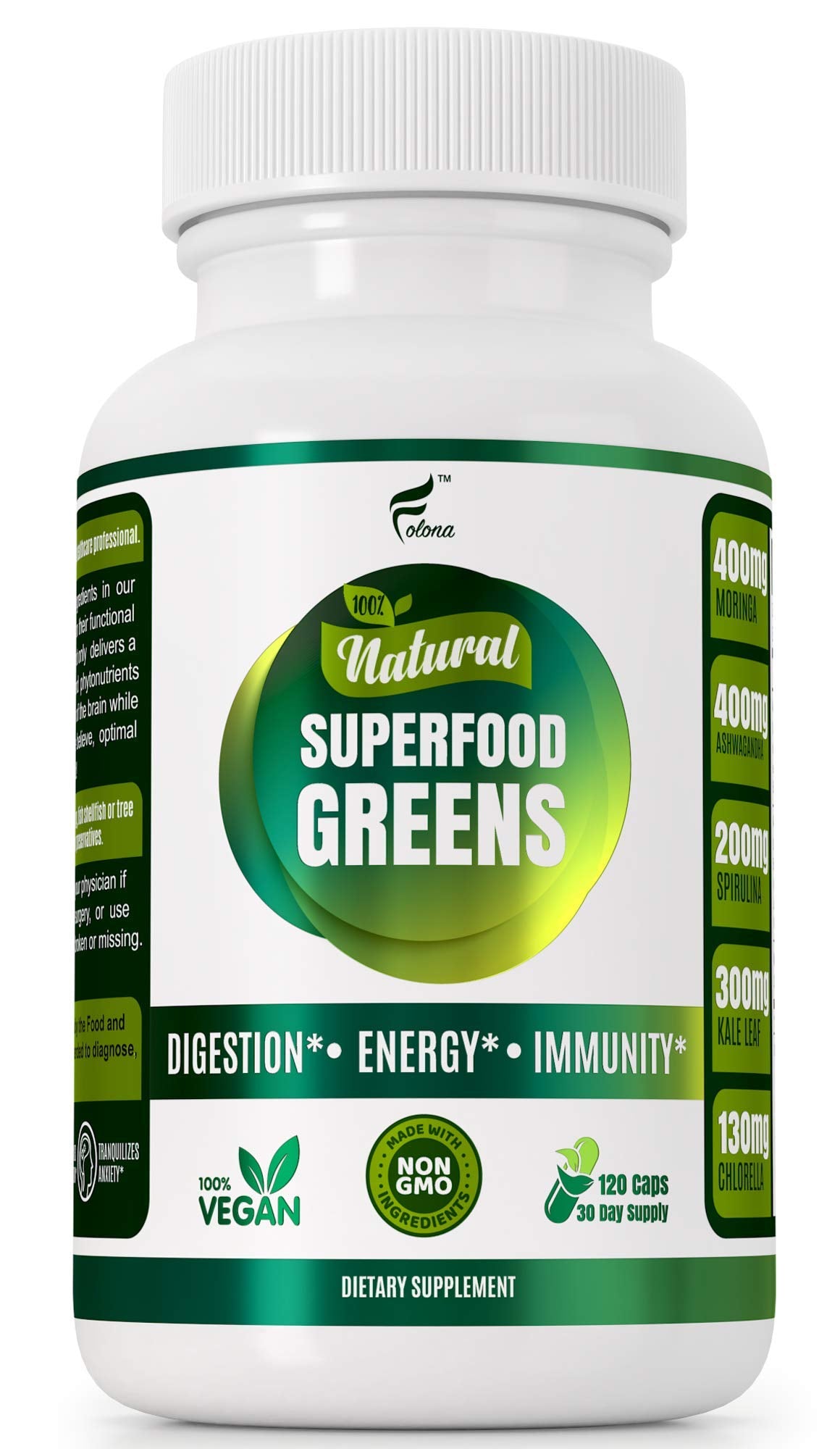 FOLONA Organic Vegan Super Greens Capsules with Ashwagandha - Immune Support with All Natural Whole Food Nutrients, 120 Capsules