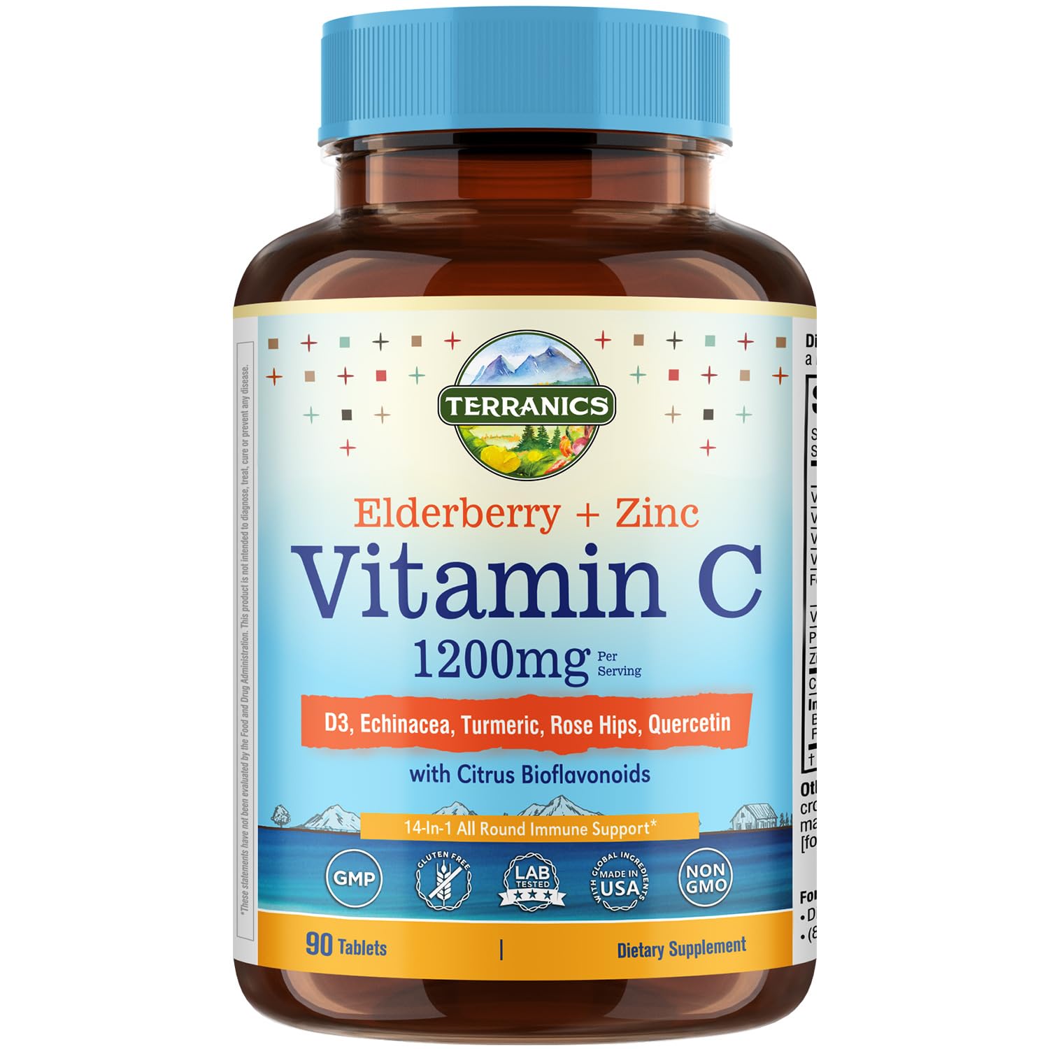Terranics Vitamin C Elderberry Zinc with Vitamin D3 A B6 B12 Folate Rose Hips Citrus Bioflavonoids Turmeric Echinacea 14-in-1 Daily Immune Support, 90 Tablets