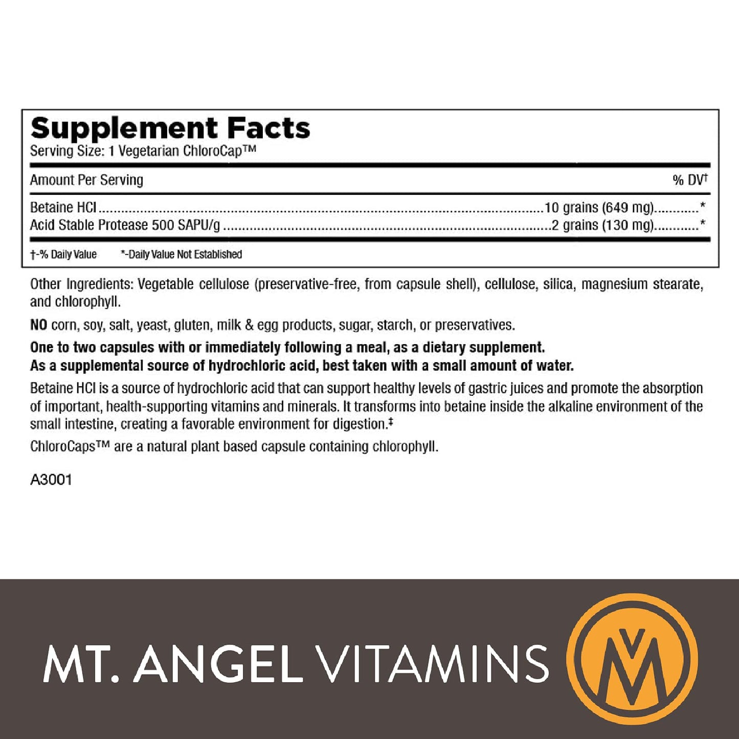 Mt. Angel Vitamins Hydrochloric Acid Betaine Softgels 500