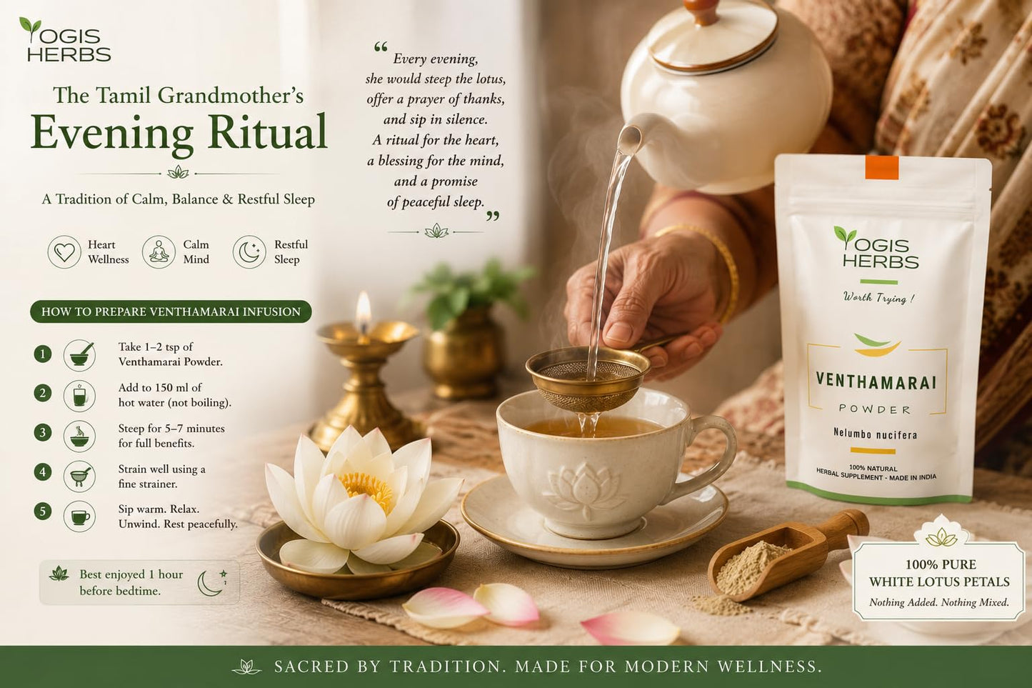 YOGIS HERBS Venthamarai Powder, White Lotus (Nelumbo Nucifera/Sacred Lotus/Padma) - Traditional Tamil Siddha Herb for Heart Wellness, Supports Calm Mind & Restful Sleep - Pure Petal Powder, 16