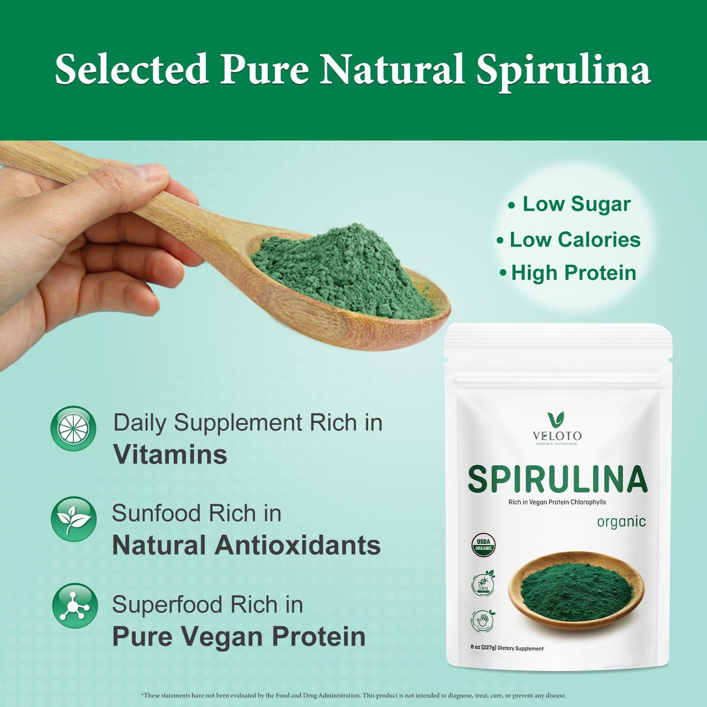 VELOTO USDA Organic Spirulina Powder, 8 oz