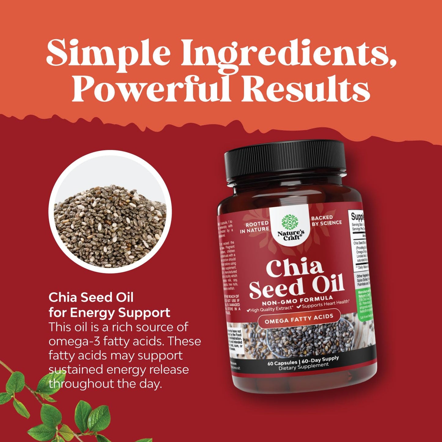 Natures Craft Chia Seed Oil Extract Capsules - Plant Based Omega-3-6-9, Digestive & Immune Support, Heart Health, 60 Count