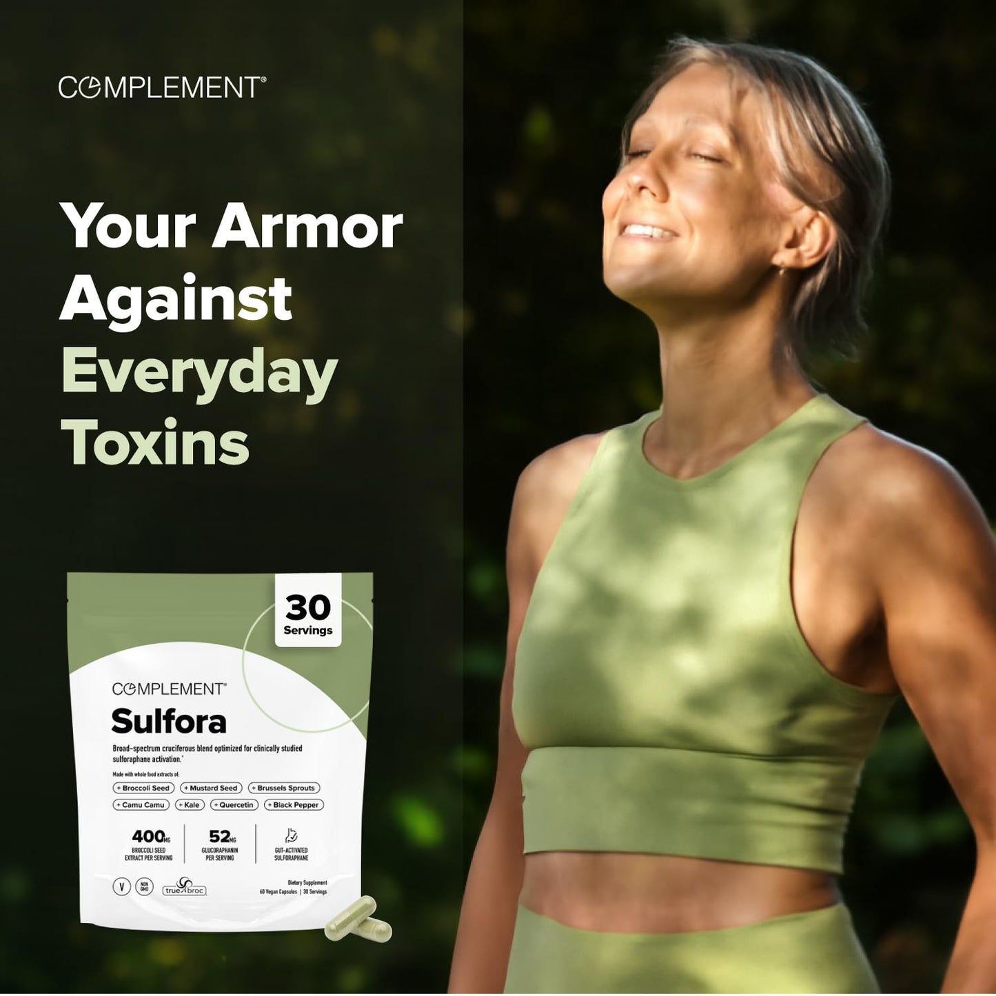 Complement Sulfora Sulforaphane Supplement with Myrosinase - 52mg Glucoraphanin from Broccoli Seeds, Kale & Quercetin - Antioxidant Detox & Immune Support, 60 Capsules
