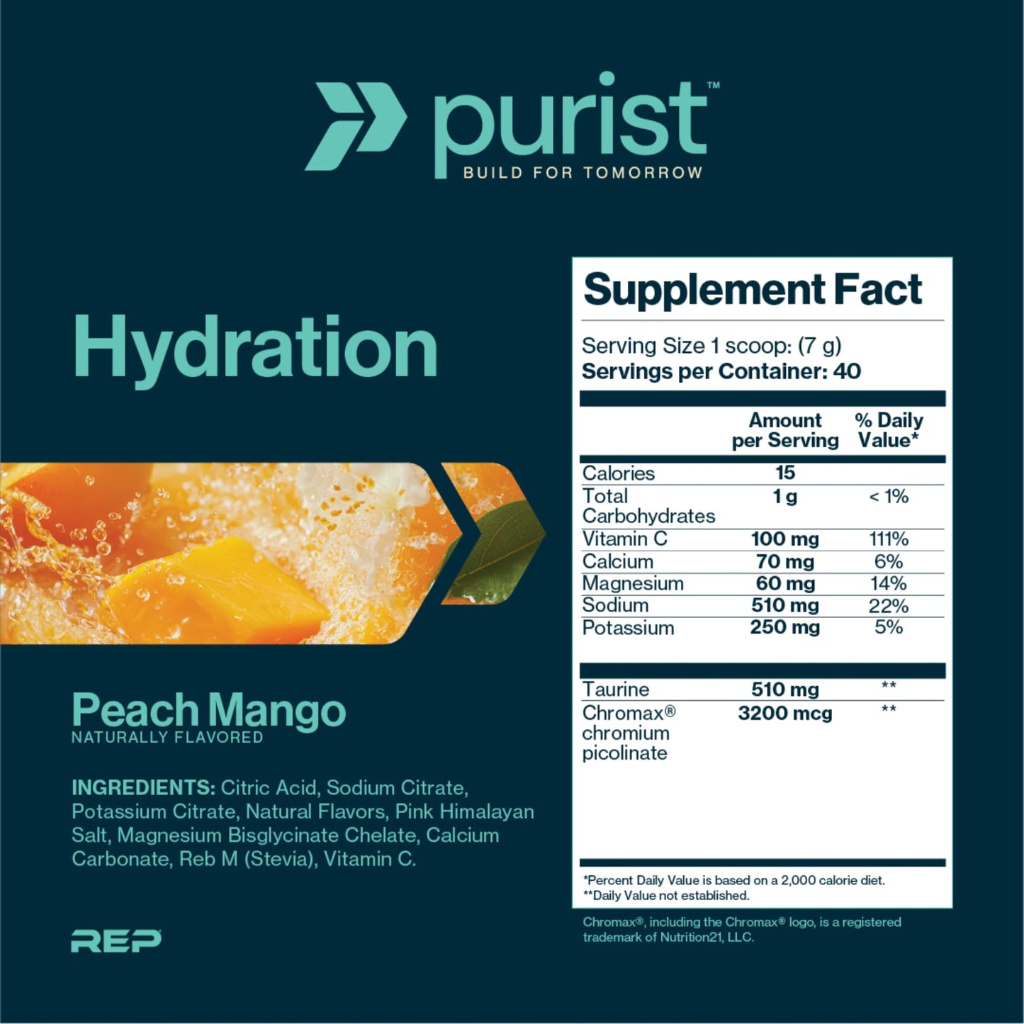 Purist Electrolyte Powder 800mg Electrolytes, Sugar Free, NSF Sport - 40 Servings Peach Mango