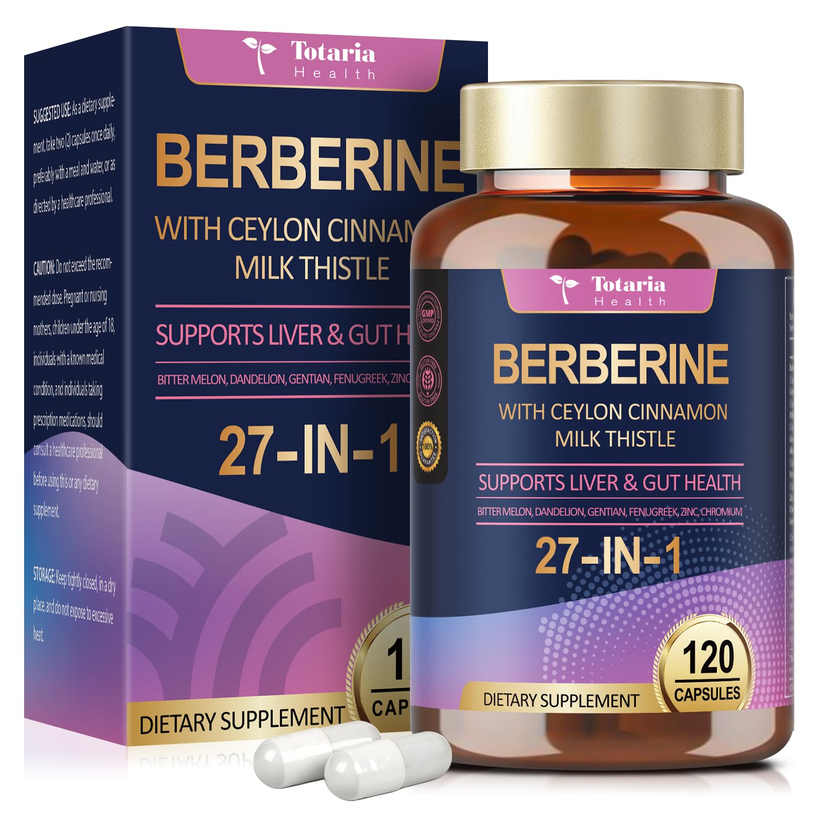 Totaria Berberine Supplement with Ceylon Cinnamon, Milk Thistle - GLP-1 Supplement GLP Activate Natural Formula, Berberine Plus for Liver & Gut Health, Immunity, Better Figure, Men & Women Capsules 120