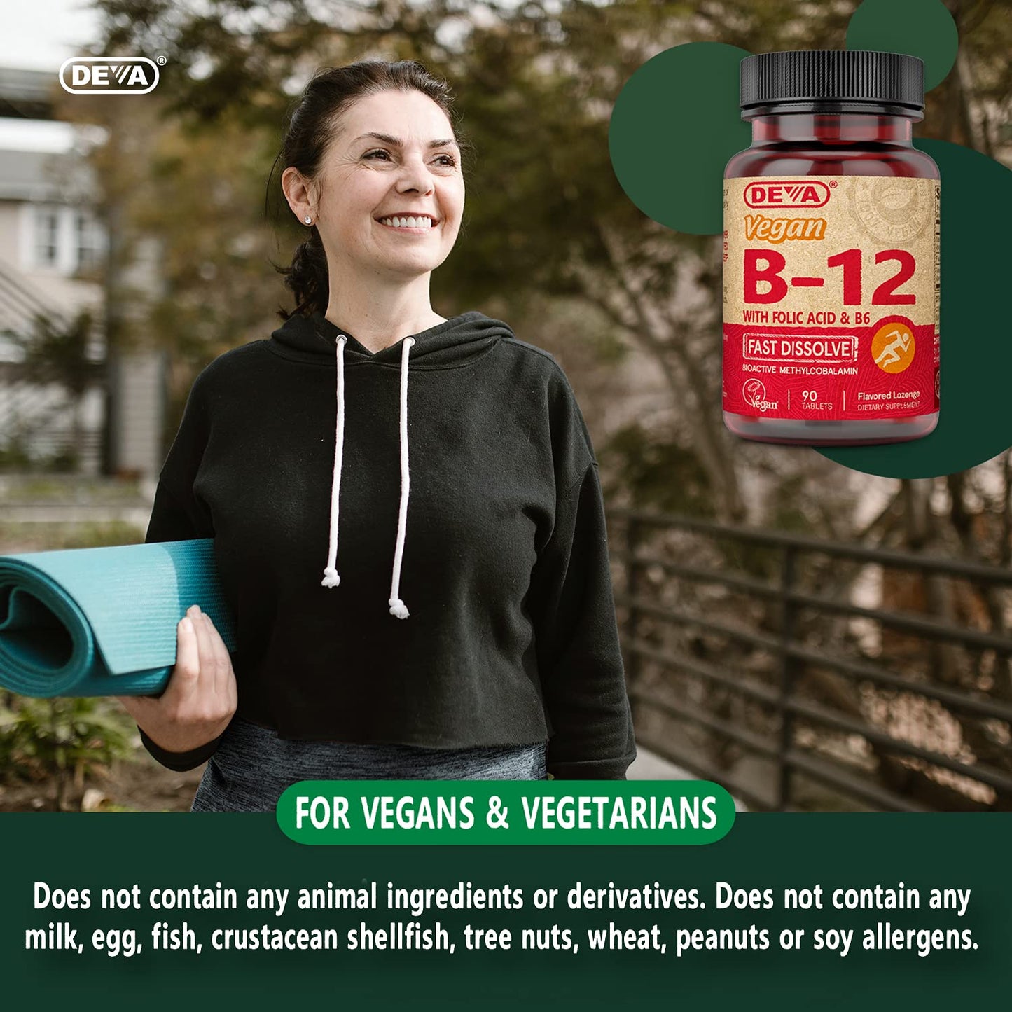 DEVA Vegan Vitamin B12 Fast Dissolve Supplement - Once-Per-Day Complex with 1000 mcg Methylcobalamin B12, Folic Acid, B6 - Lemon Flavor, 90 Tablets