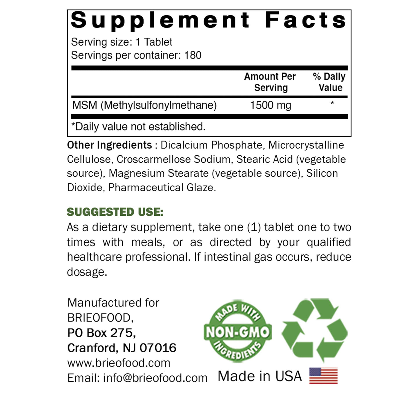 Brieofood MSM Supplement 1500mg per Tablet, 180 Tablets