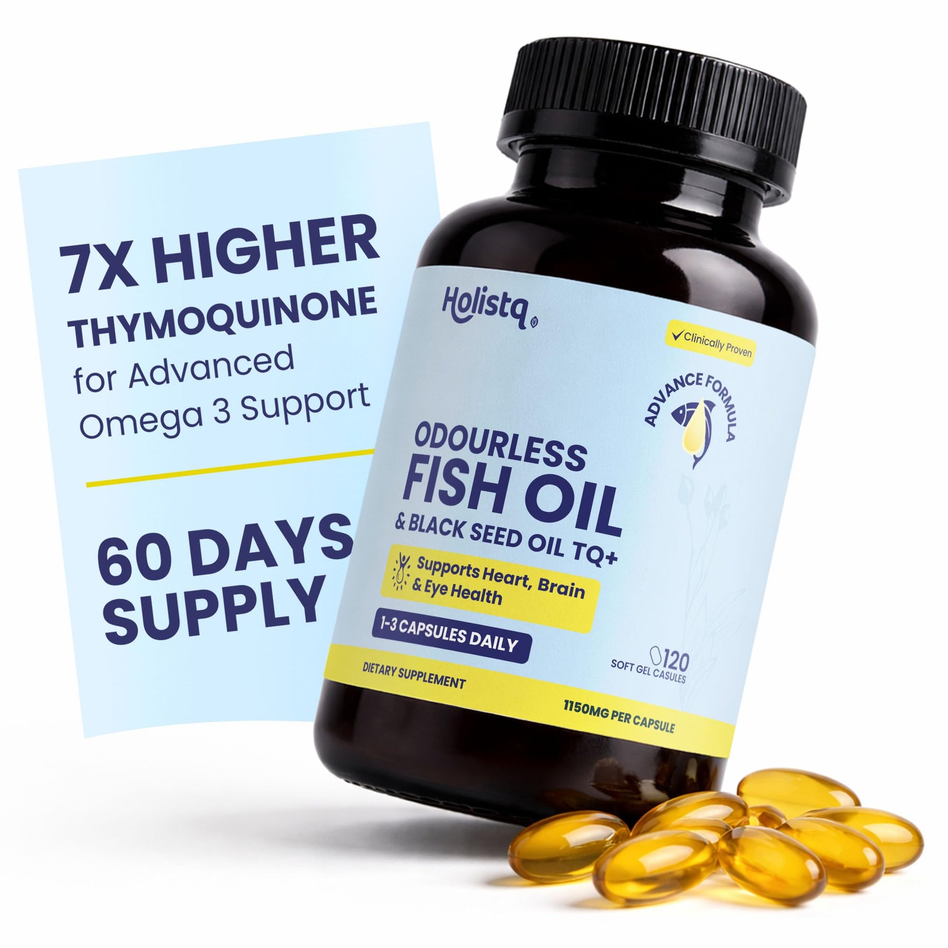 HOLISTQ Odorless Fish Oil & Black Seed Oil Organic Cold Pressed Capsules Softgel 120 Softgels