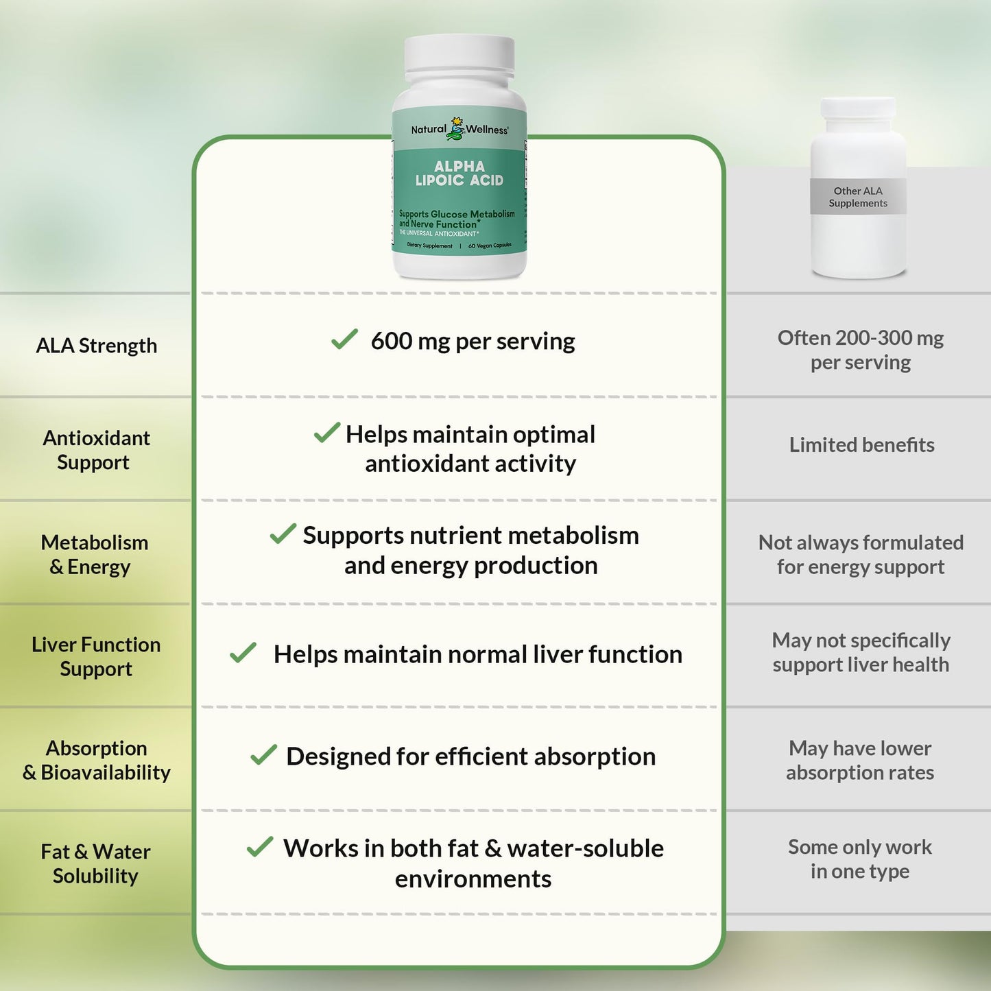 Natural Wellness Alpha Lipoic Acid (ALA) 600 mg 60 Capsules