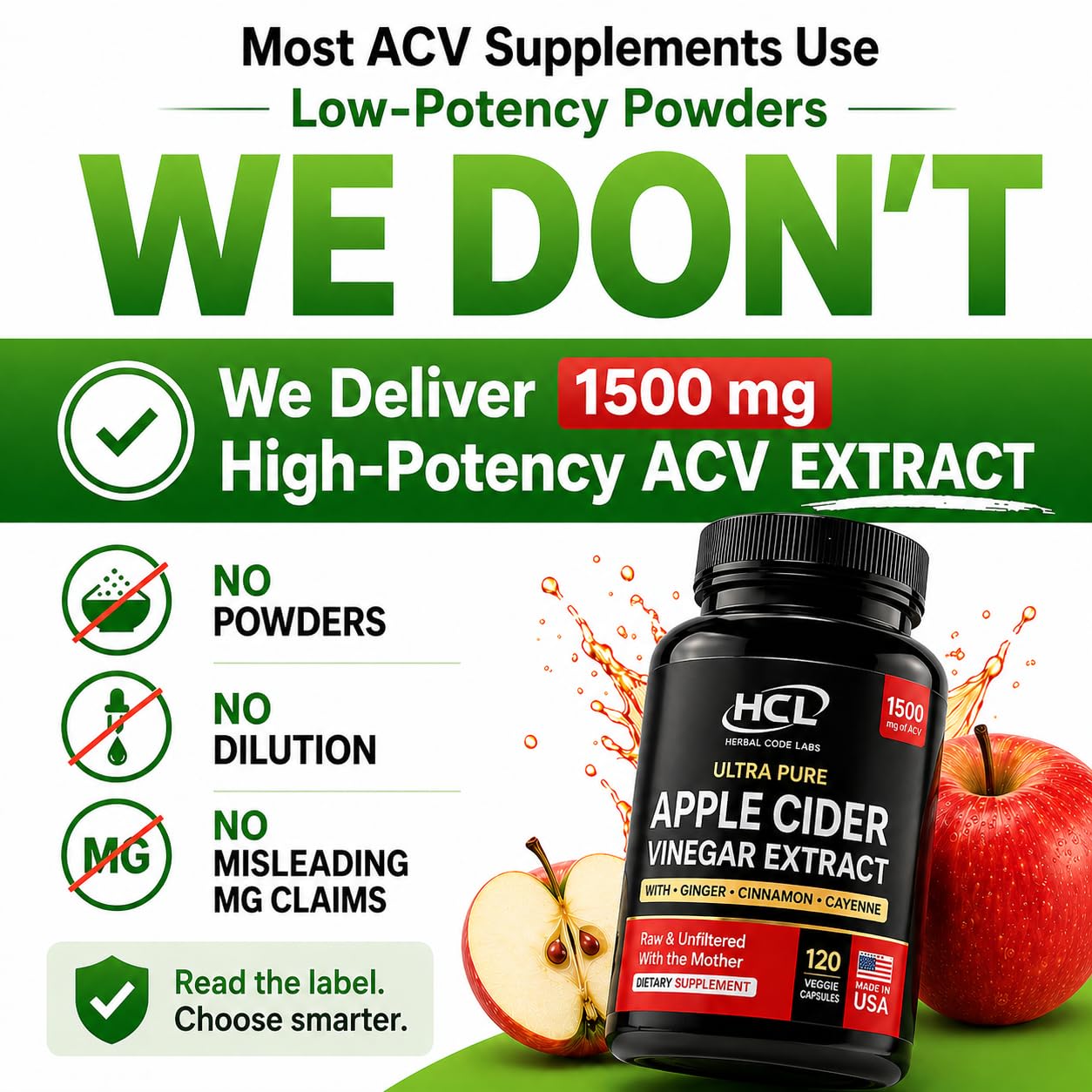HCL HERBAL CODE LABS Apple Cider Vinegar Capsules 1500 mg Extract with the Mother, Extra Strength, Ginger Cayenne Cinnamon, 120 Capsules