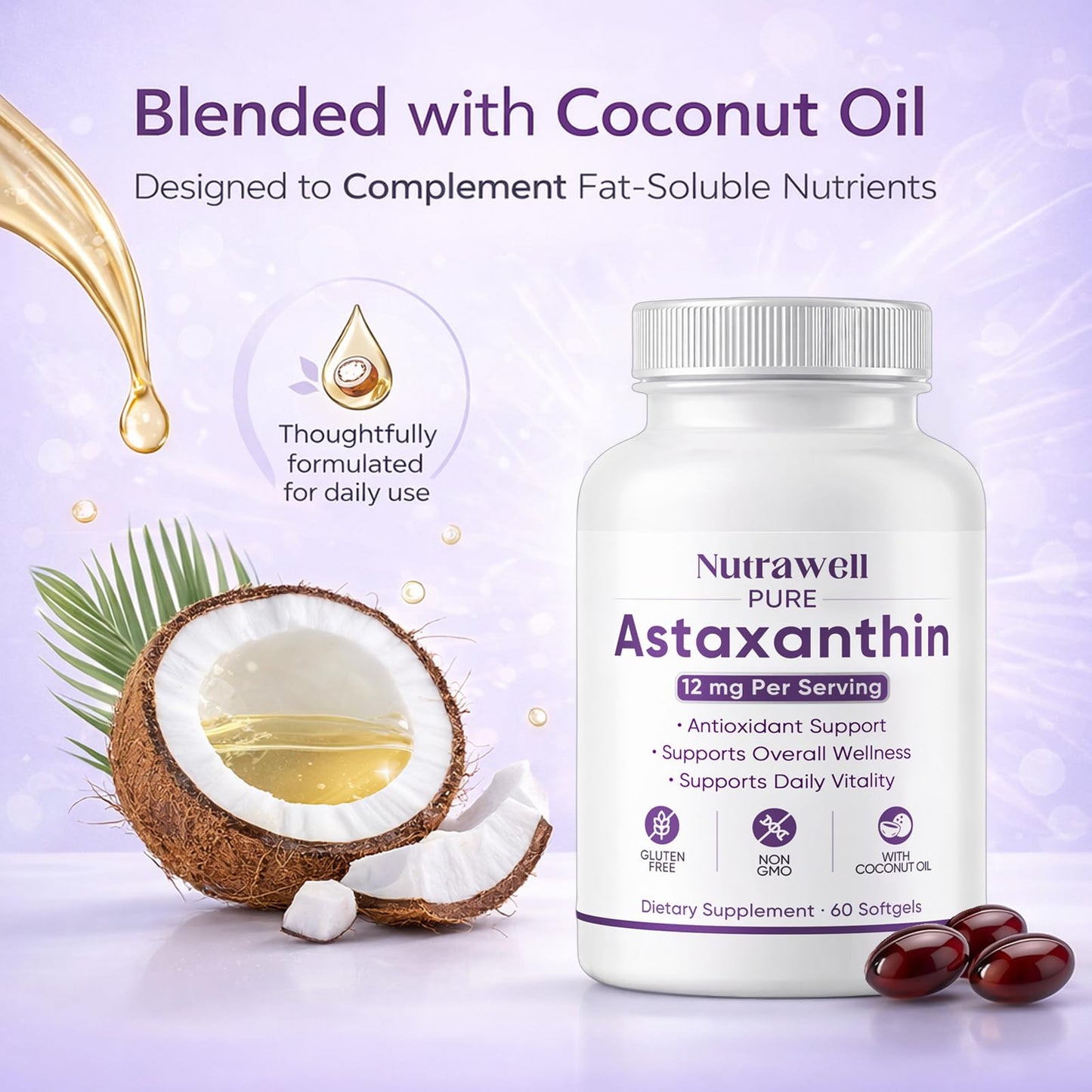 QUZOYU NutraWell Astaxanthin 12mg with Coconut Oil Antioxidant Support Supplement Softgels, 60 Count