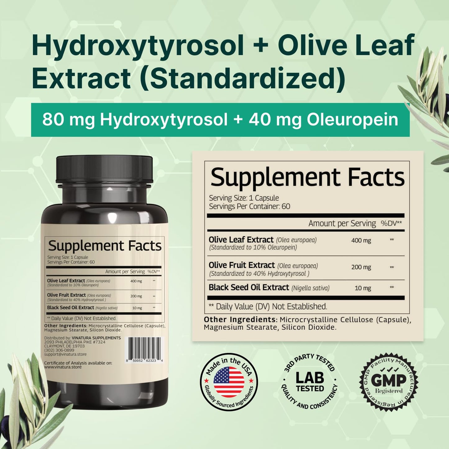 VINATURA Hydroxytyrosol Supplement, Olive Leaf Extract Capsules - 60 Count