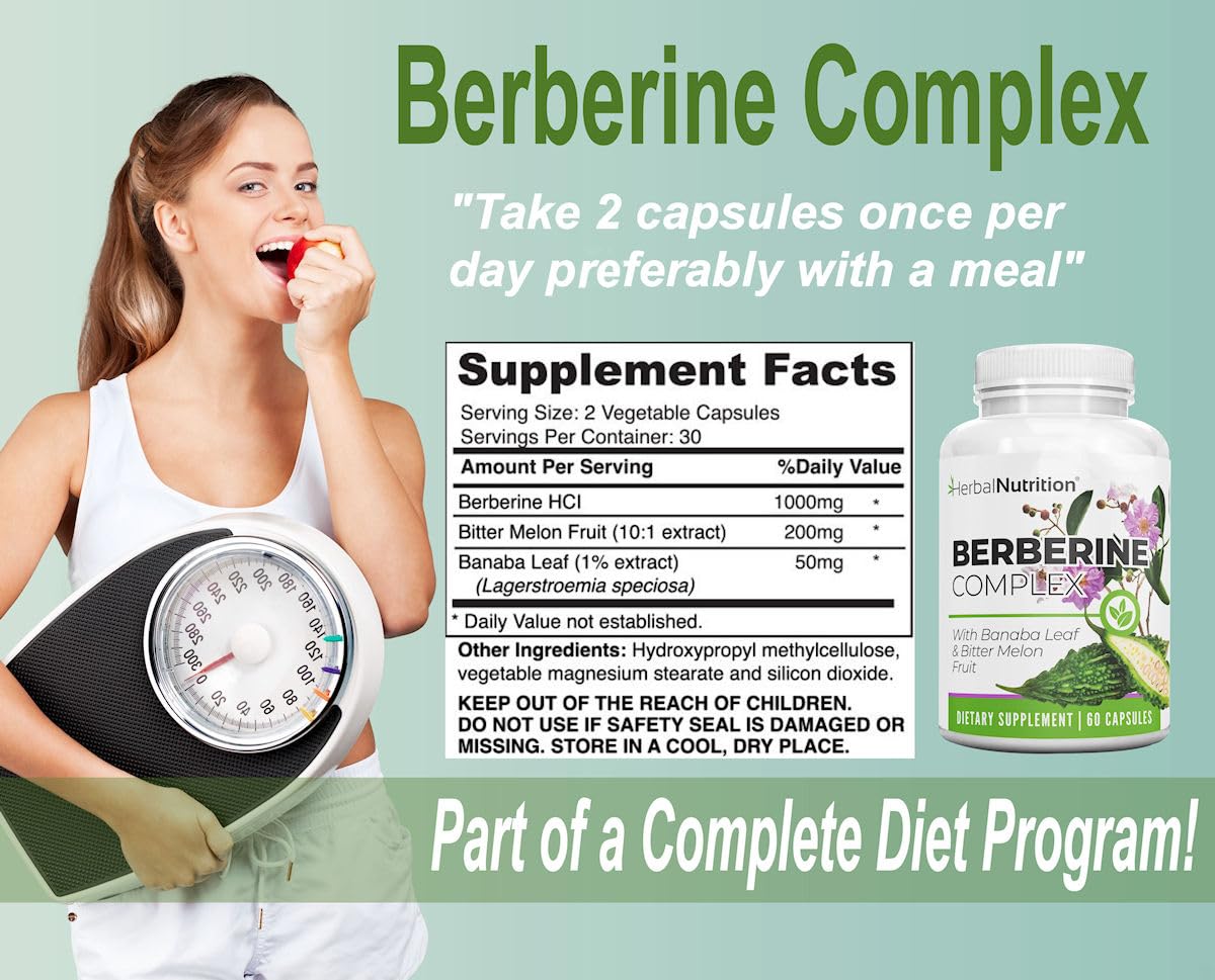 Herbal Nutrition Berberine Complex 1250mg of Berberine HCL, Banaba Leaf and Bitter Melon Extract Capsule, 120 Count