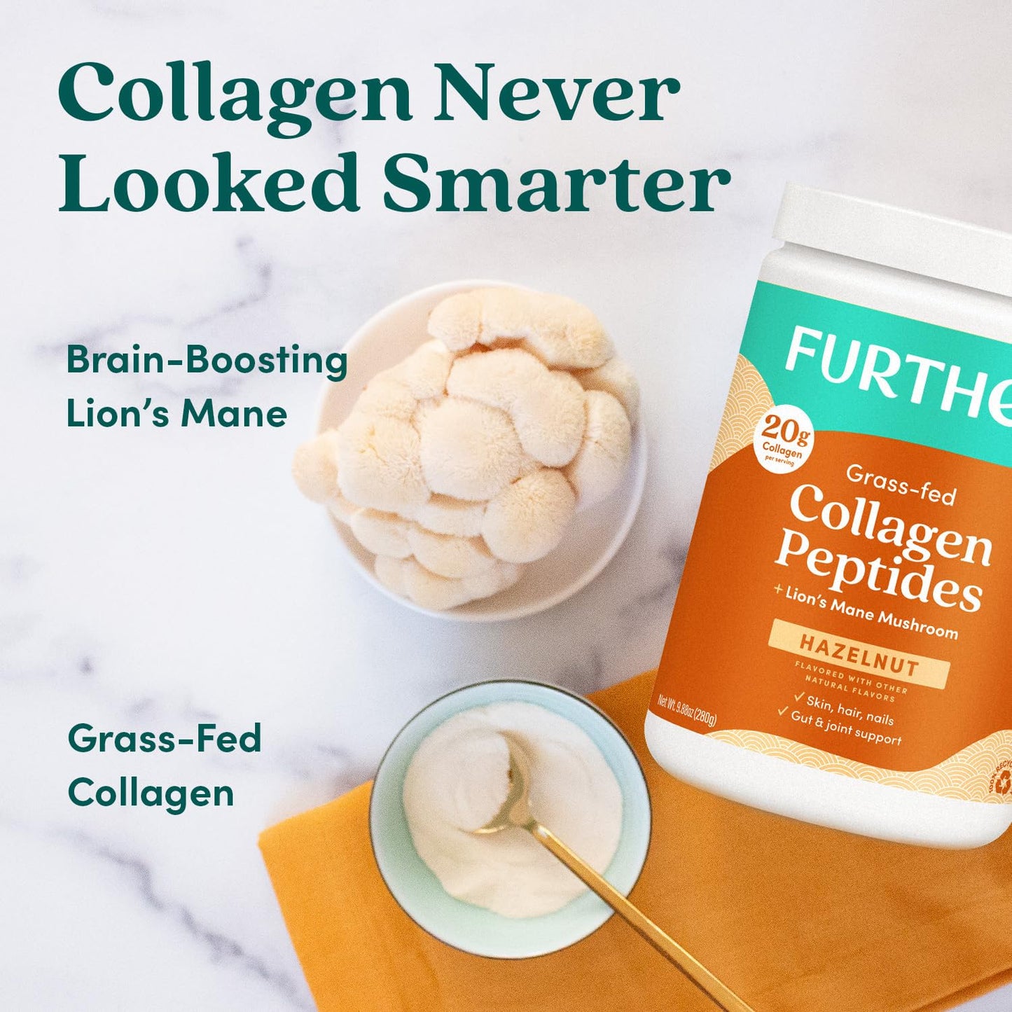Further Food Hazelnut Collagen Peptides Powder with Lion’s Mane Mushroom, Grass-Fed Hydrolyzed Type 1 & 3 Protein, Gut Health + Joint, Hair, Skin, Nails, Paleo Keto Sugar-Free, 9.88 oz