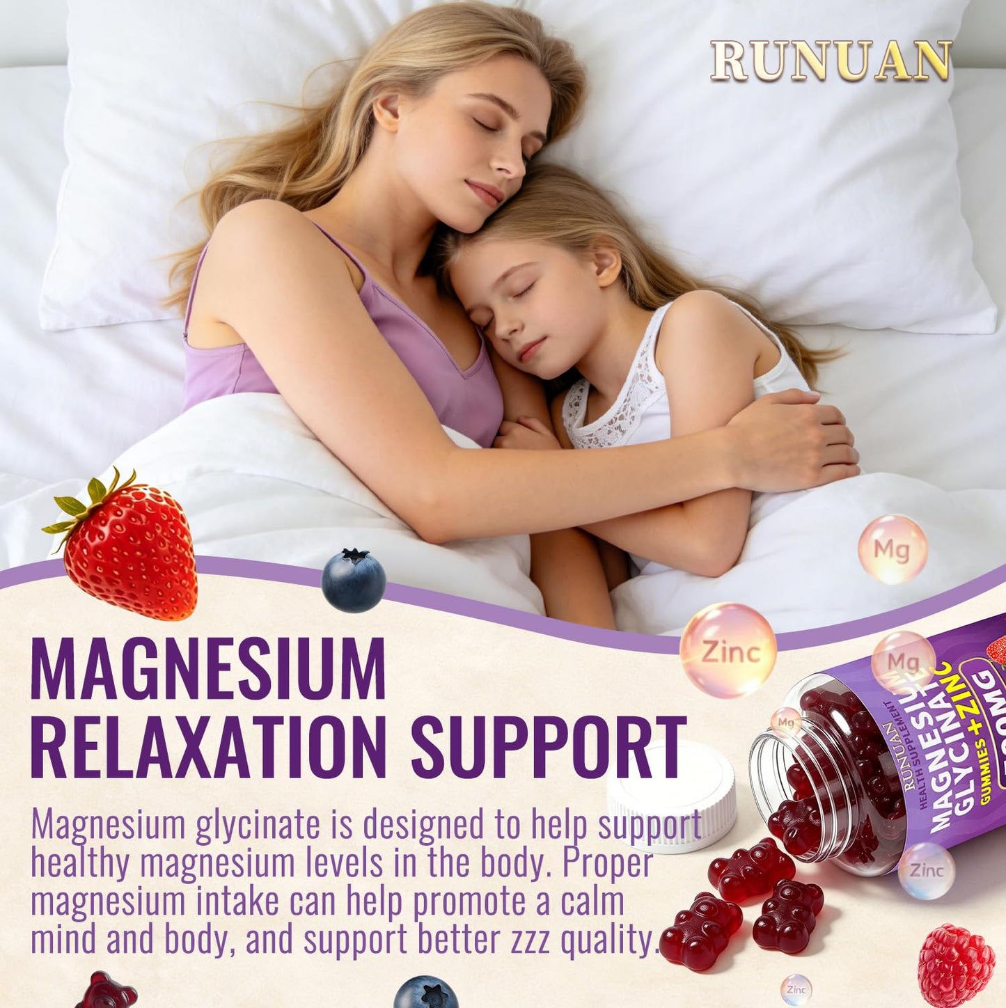 RUNUAN Magnesium Glycinate Gummies 500mg with Zinc, Vegan, 60 Count