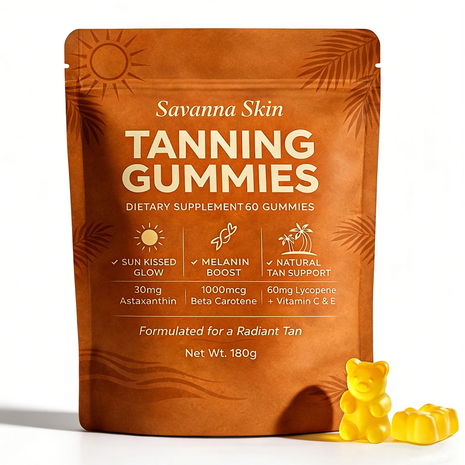 Savanna Skin Tanning Gummies, All-Natural Antioxidant Blend with Vitamin C & E, Astaxanthin, Beta Carotene, 1 Count