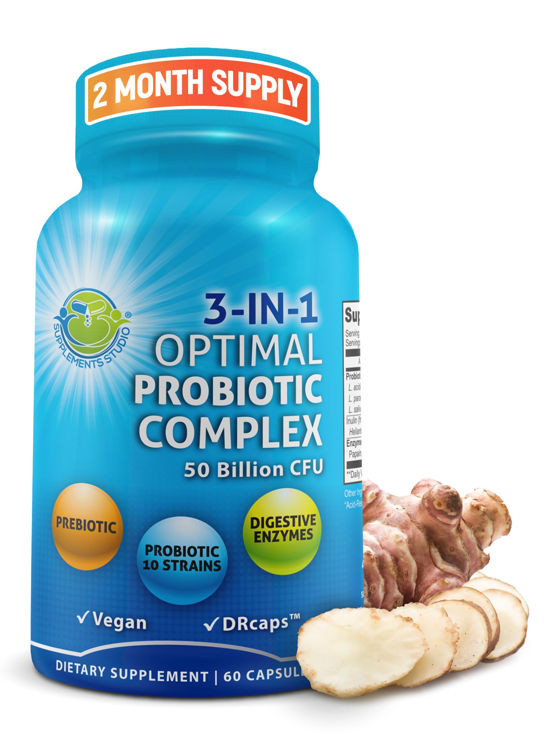 SUPPLEMENTS STUDIO Probiotics with Digestive Enzymes and Prebiotic for Women and Men - 3-In-1 Vegan Probiotic Prebiotic Multi Enzyme Complex for Gut Health - Maximum Absorption Delayed-Release Capsules, 60 Capsules